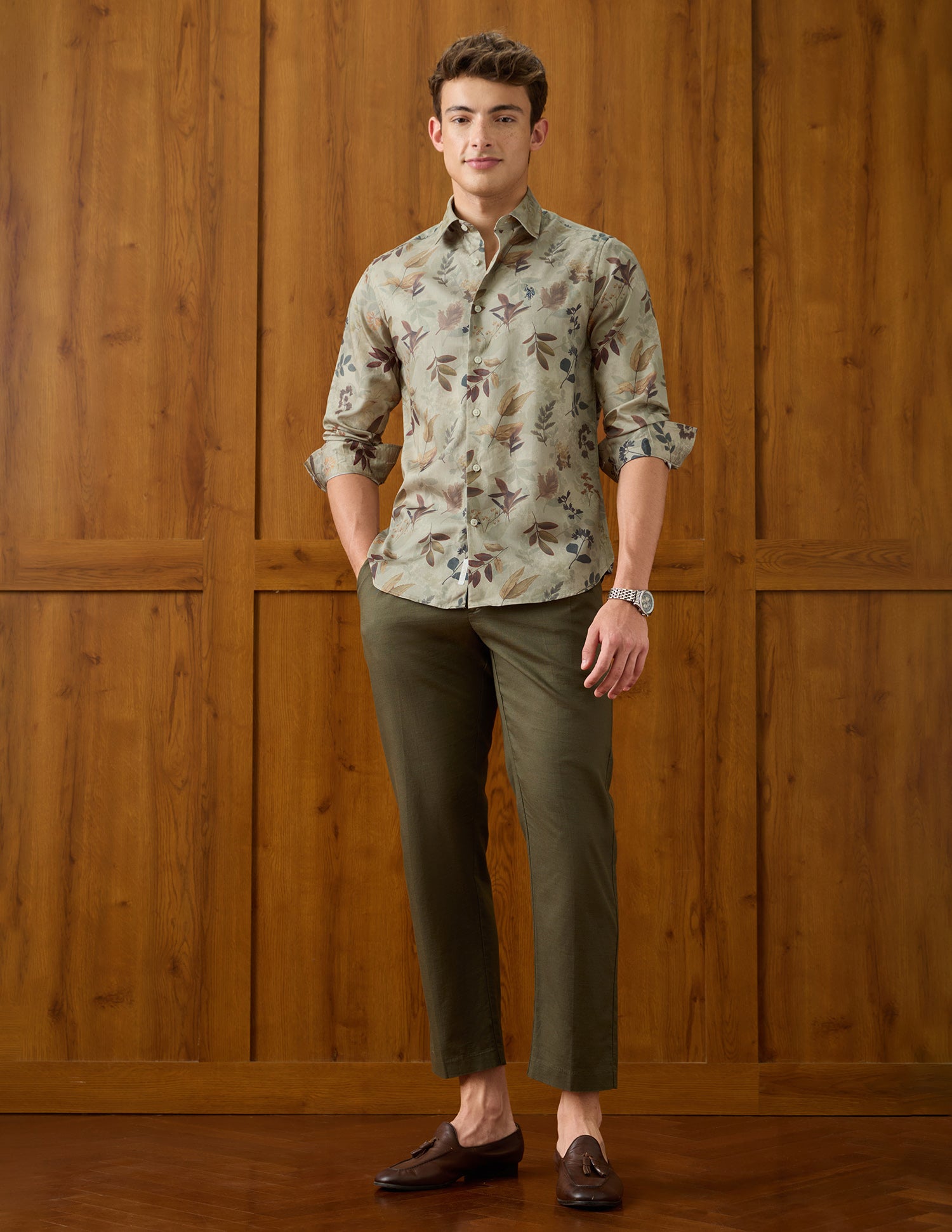 Tropical Printed Satin Shirt Light Green - U.S. Polo Assn. India | Large