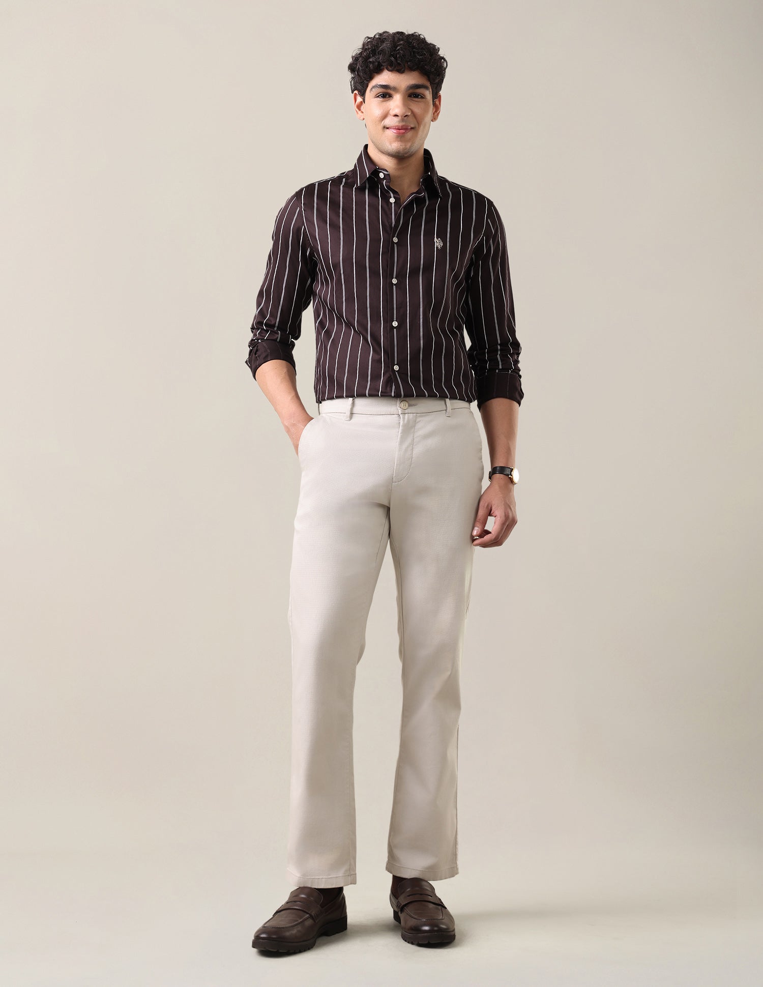 Satin Vertical Striped Shirt Brown - U.S. Polo Assn. India | Large