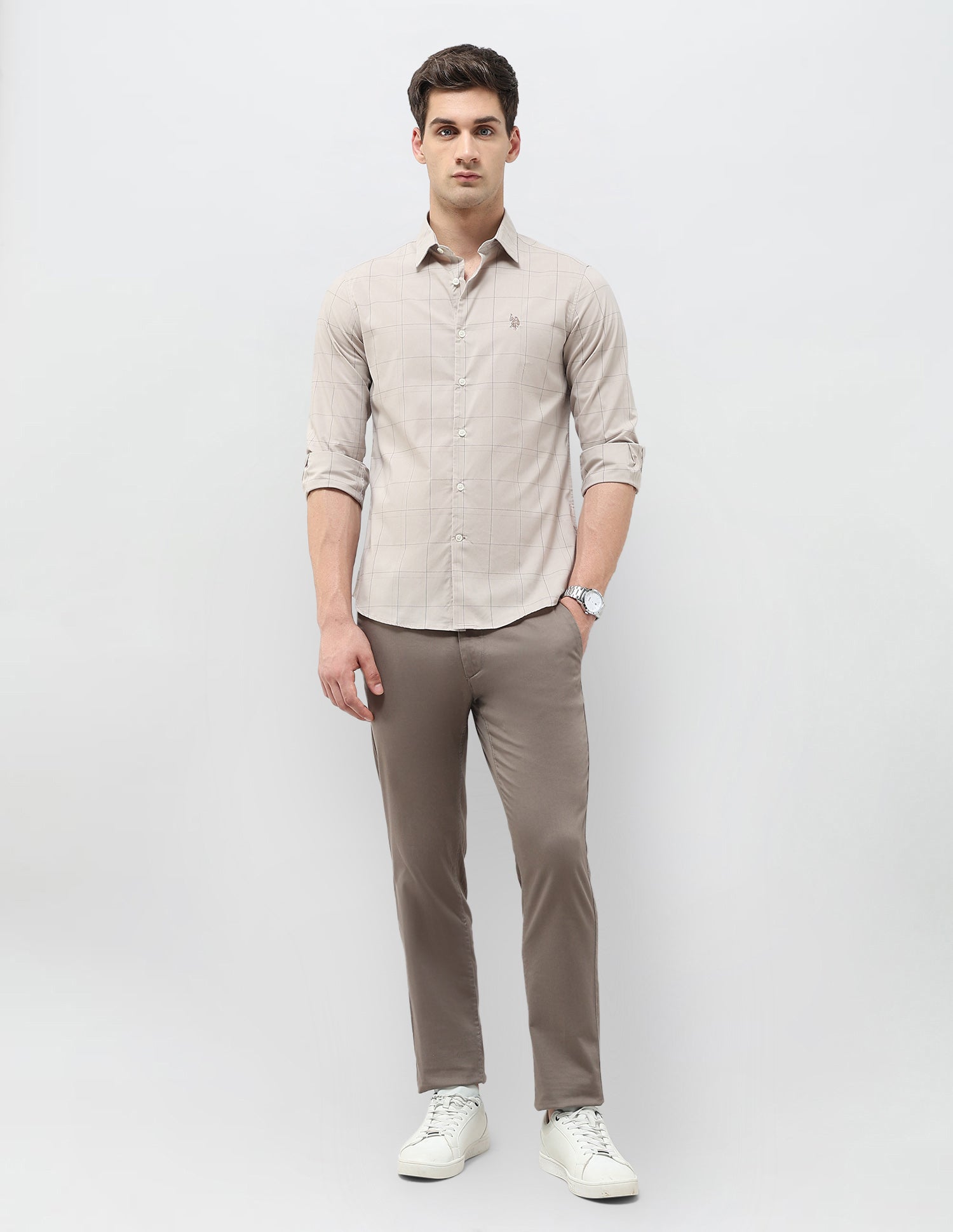 Tailored Fit Windowpane Checked Shirt Light Grey - U.S. POLO ASSN. | Large