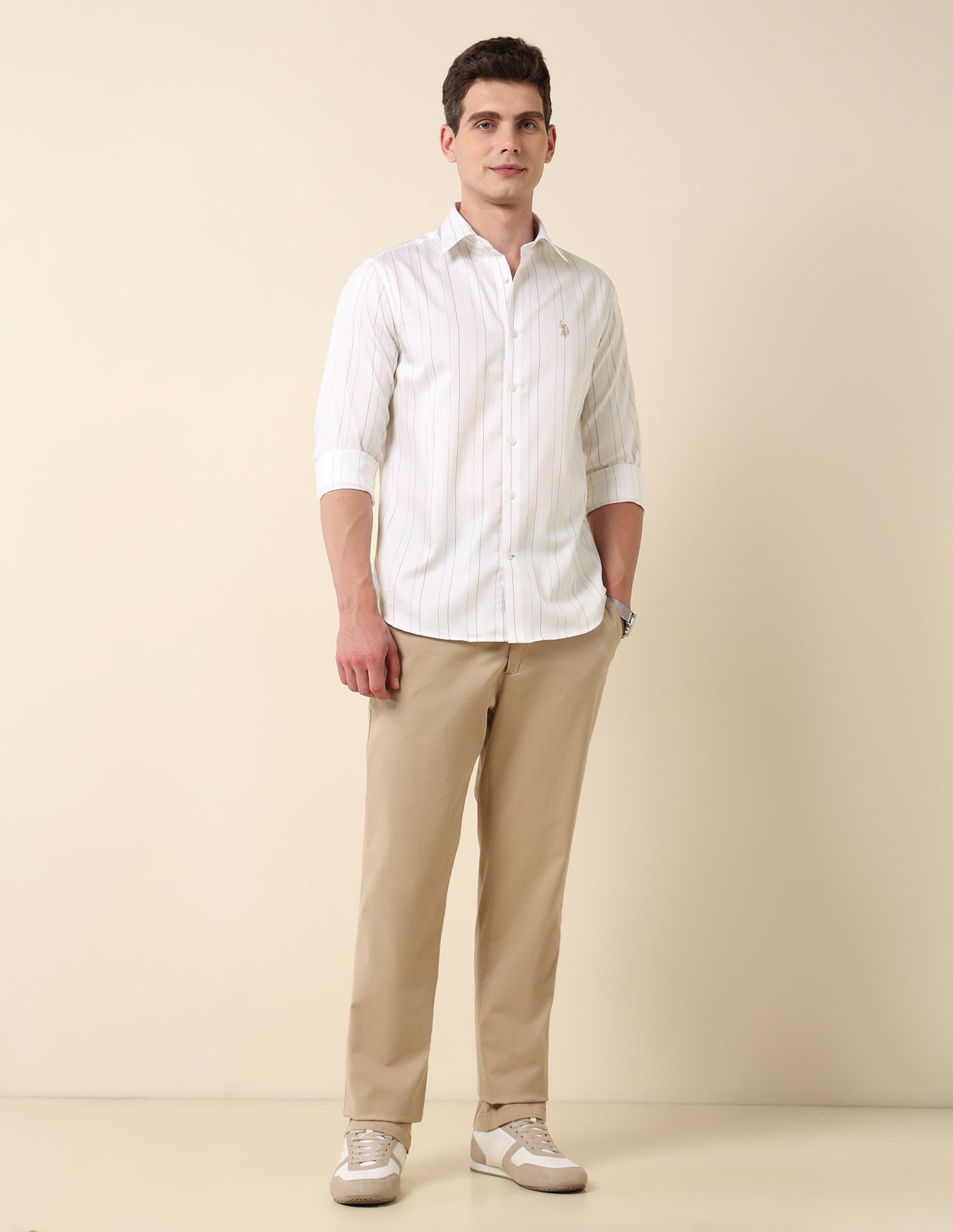 Vertical Striped Pure Cotton Shirt Beige - U.S. Polo Assn. India | Large