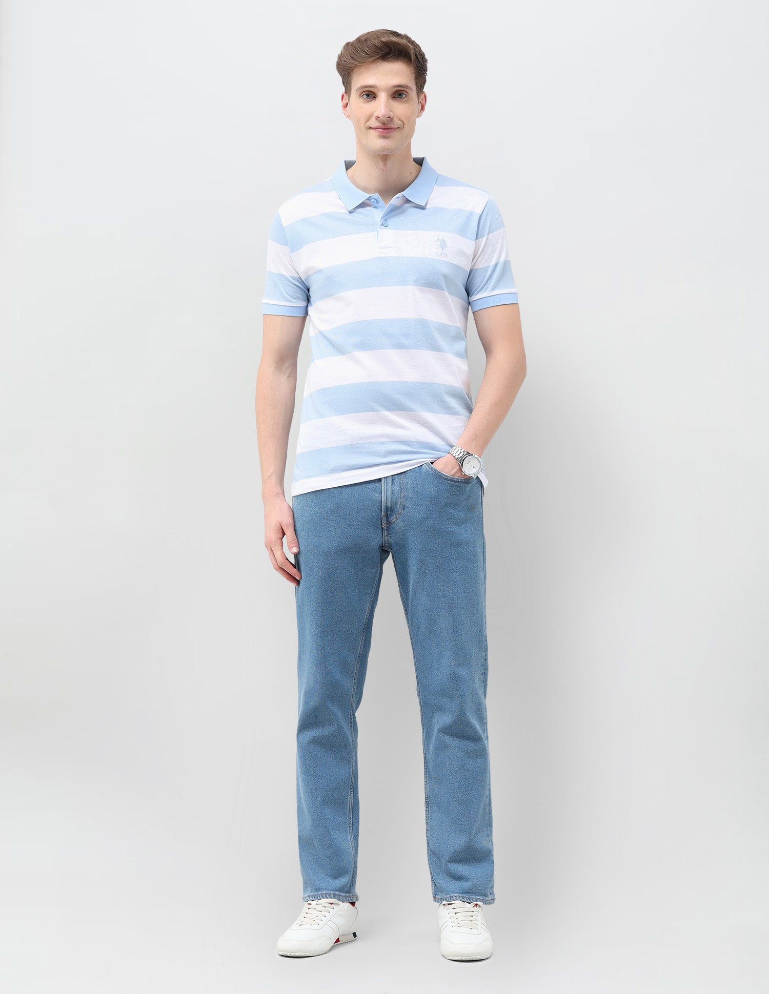 Horizontal Striped Slim Fit Polo Shirt Light Blue - U.S. Polo Assn. India | Large