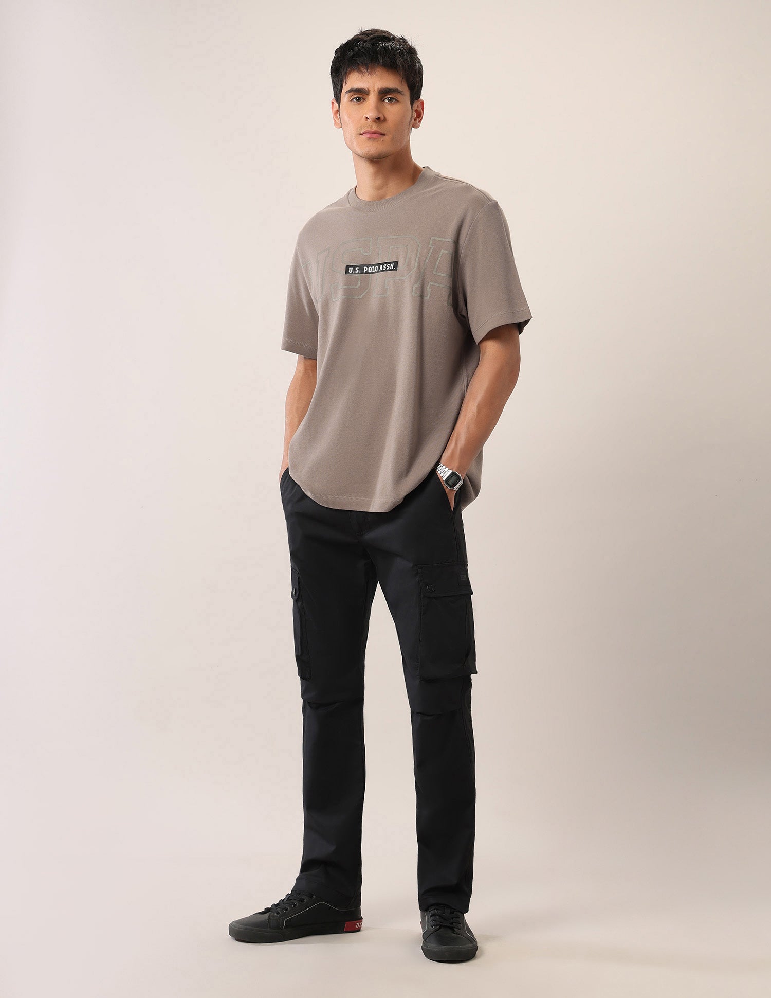 Brand Printed Relaxed Fit T-Shirt Beige - U.S. Polo Assn. India | Large