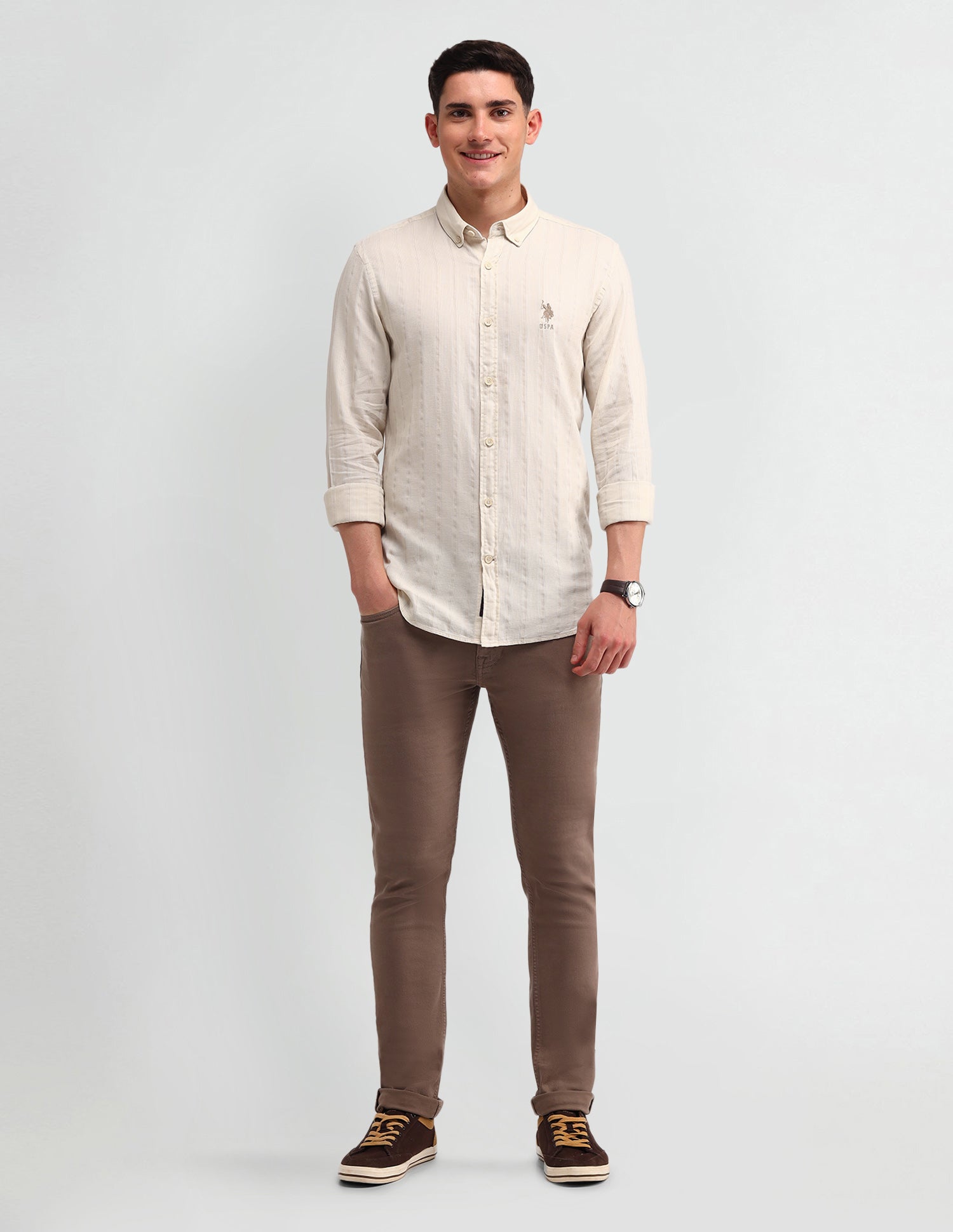 Vertical Striped Slim Fit Shirt Beige - U.S. Polo Assn. India | Large