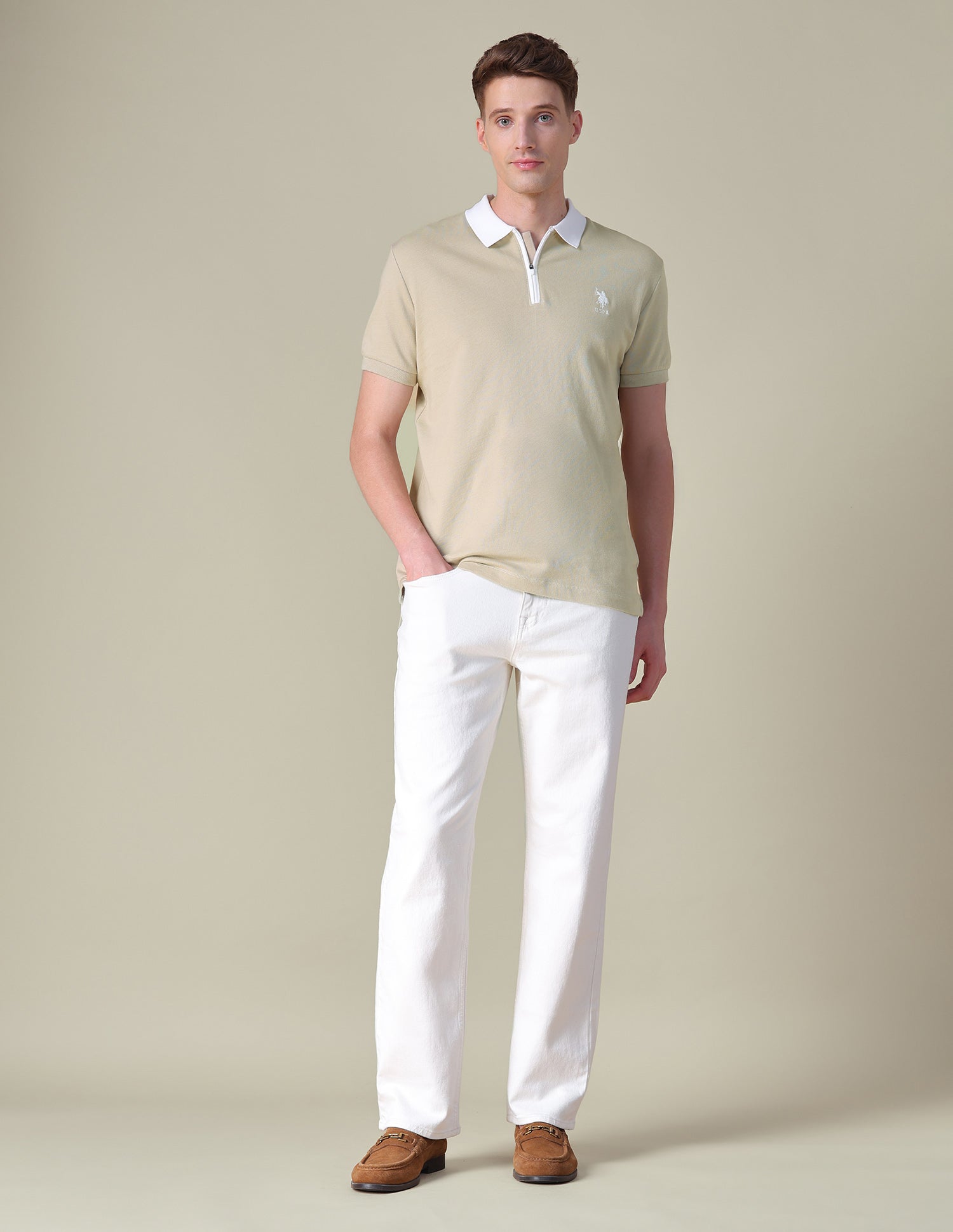 Solid Slim Fit Polo Shirt Beige - U.S. POLO ASSN. | Large