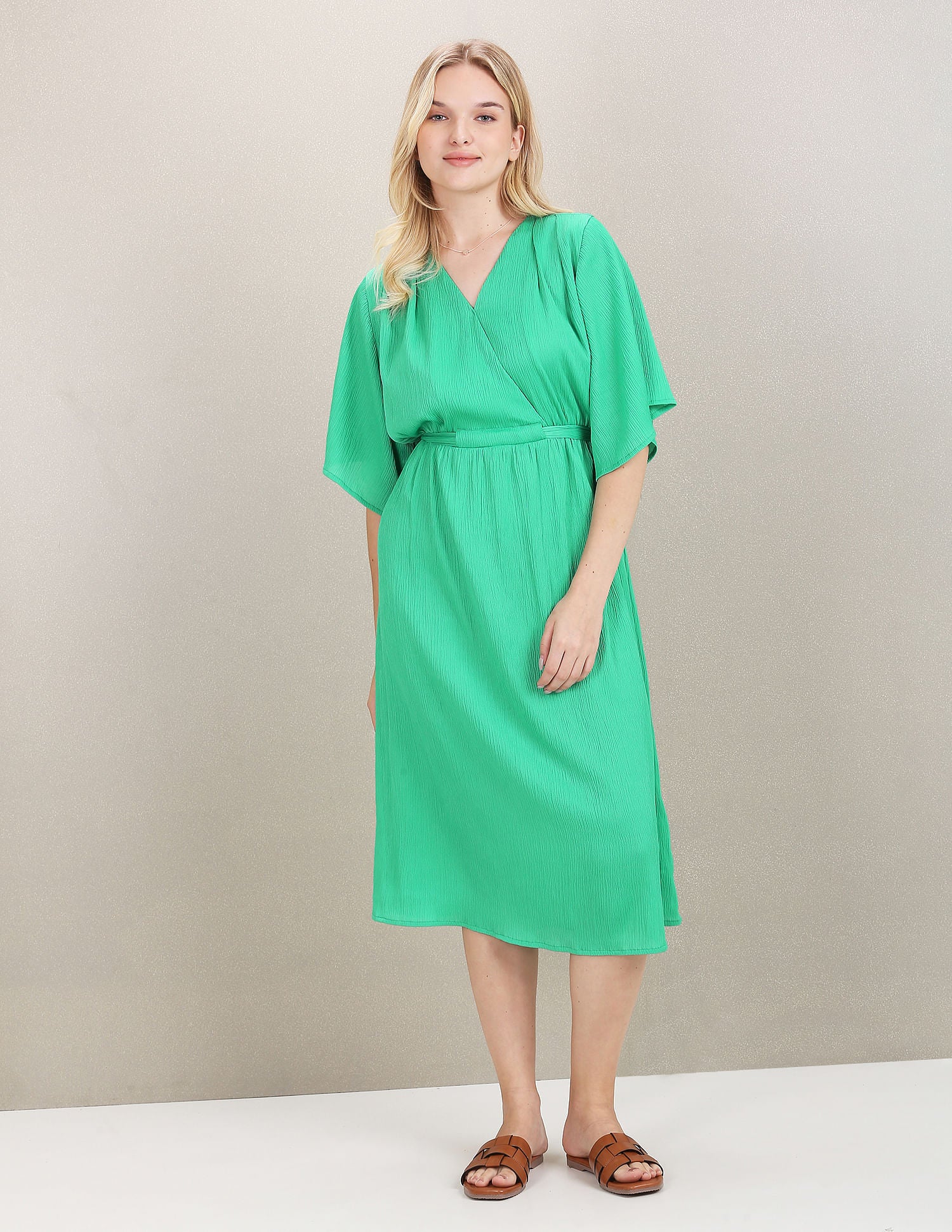 V-Neck Textured Midi Dress Green - U.S. POLO ASSN. | Large