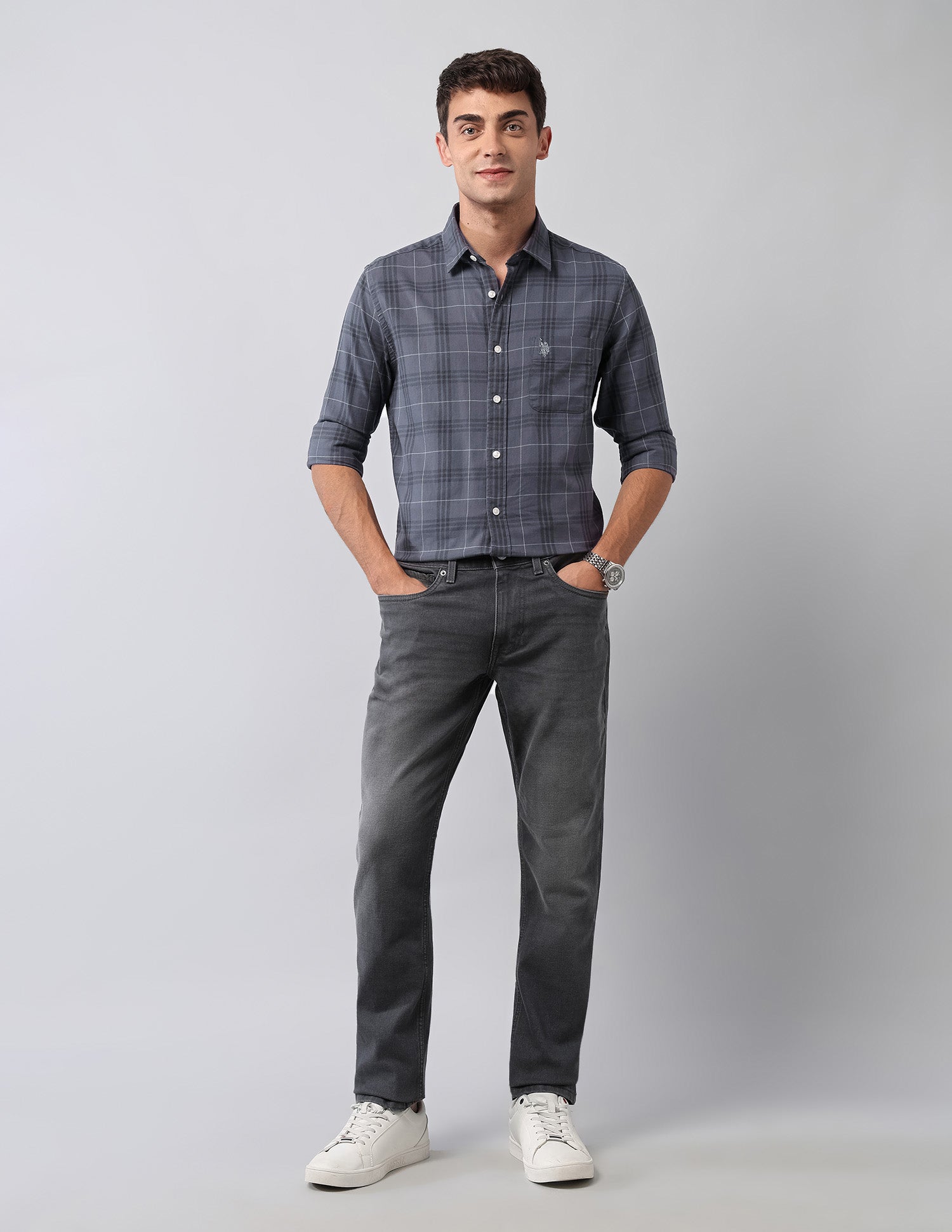 Tartan Checked Pure Cotton Shirt Grey - U.S. Polo Assn. India | Large