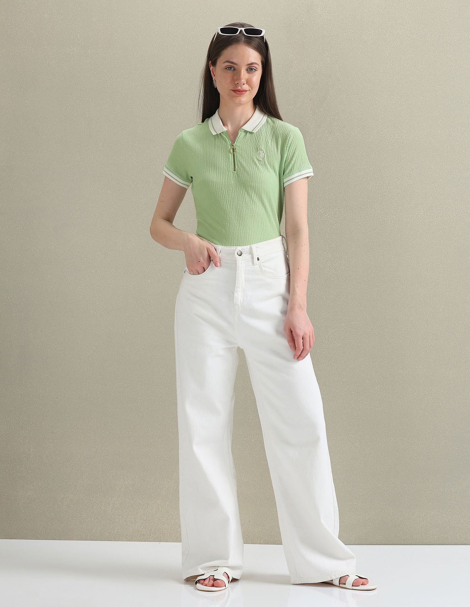 Zipper Placket Textured Polo Shirt Light Green - U.S. POLO ASSN. | Large