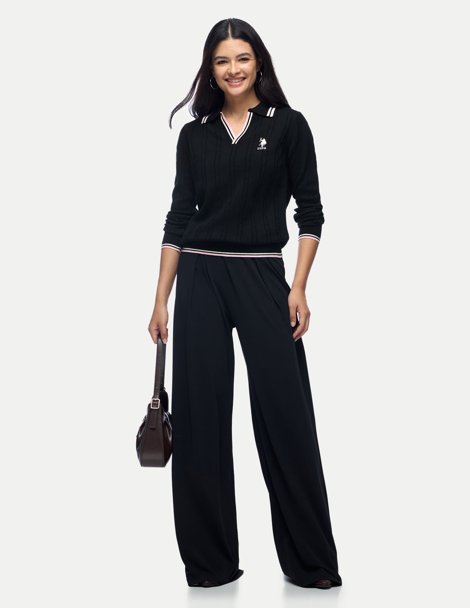 Cable Patterned Knit Regular Fit Sweater Black - U.S. Polo Assn. India | Large