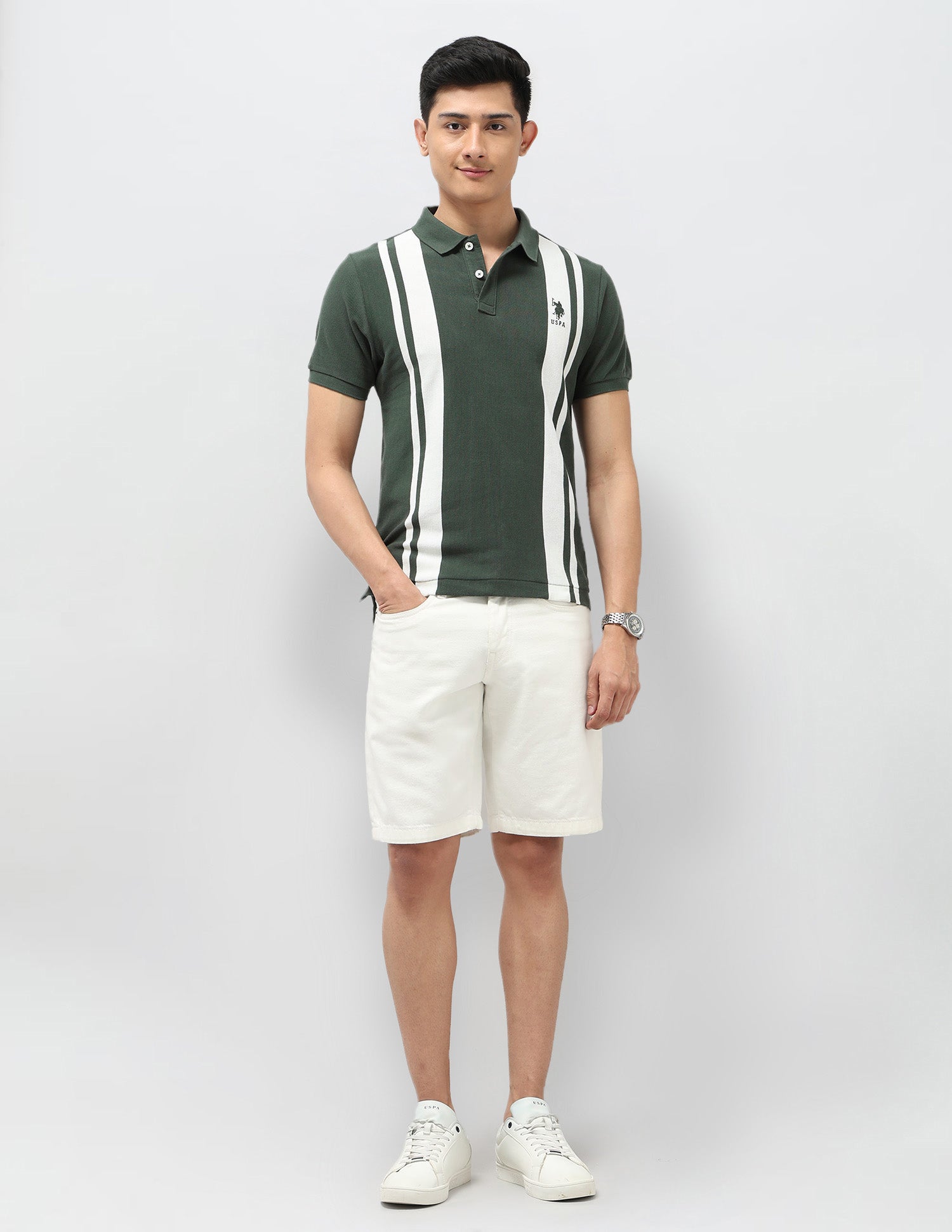 Vertical Striped Pure Cotton Polo Shirt Olive - U.S. Polo Assn. India | Large