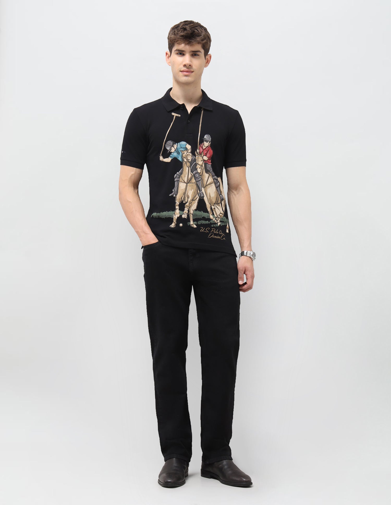 Graphic Brand Printed Muscle Fit Polo Shirt Black - U.S. Polo Assn. India | Large