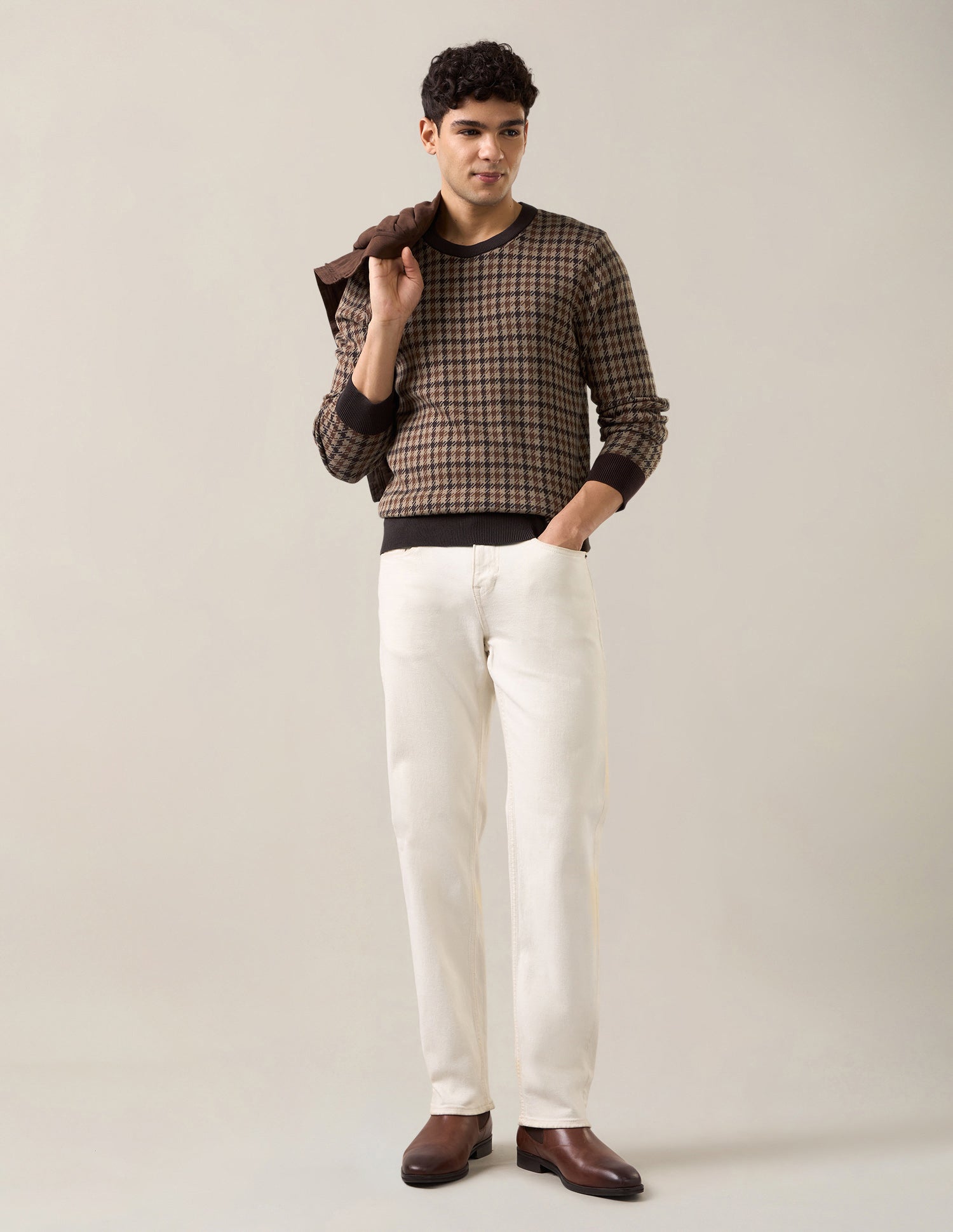 Houndstooth Patterned Knit Slim Fit Sweater Light Brown - U.S. Polo Assn. India | Large