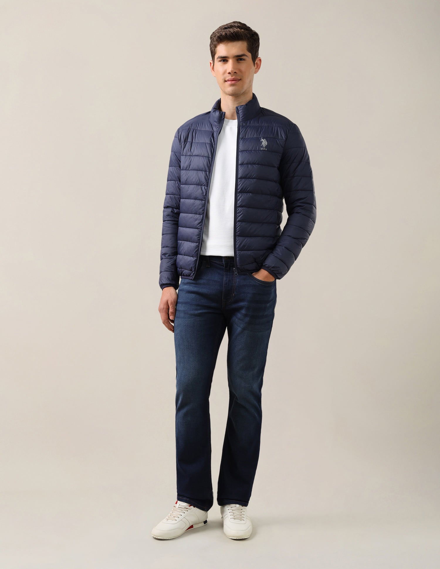 High Neck Nylon Solid Puffer Jacket Navy - U.S. Polo Assn. India | Large