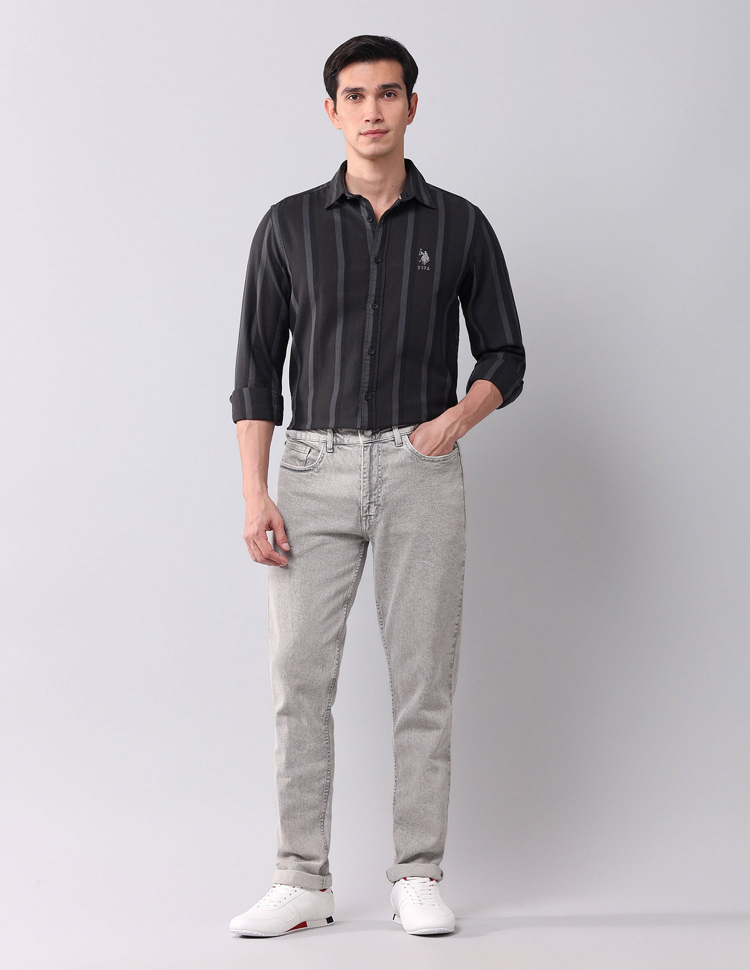 Regular Fit Twill Striped Shirt Dark Grey - U.S. POLO ASSN. | Large