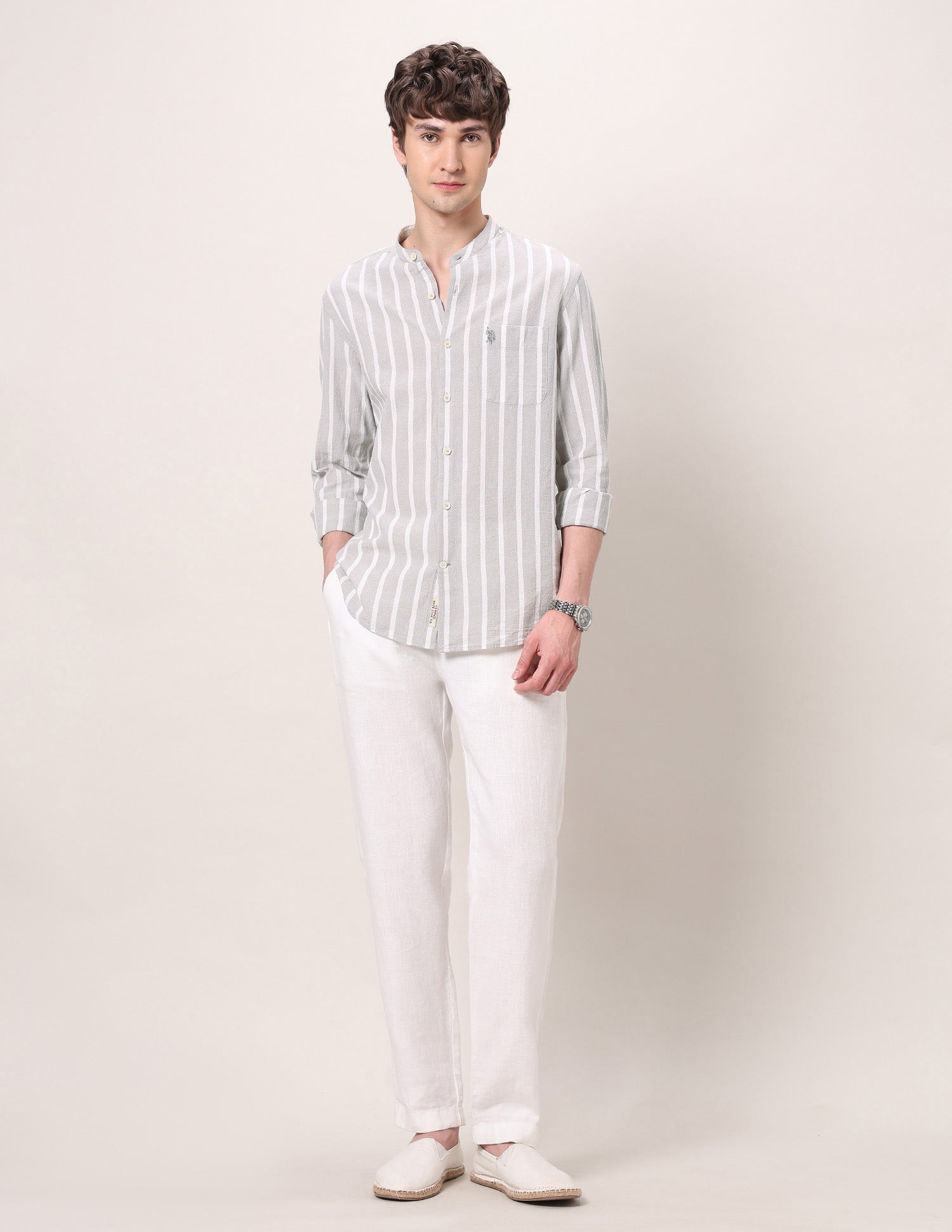 Pure Cotton Poplin Mandarin Shirt Grey - U.S. Polo Assn. India | Large