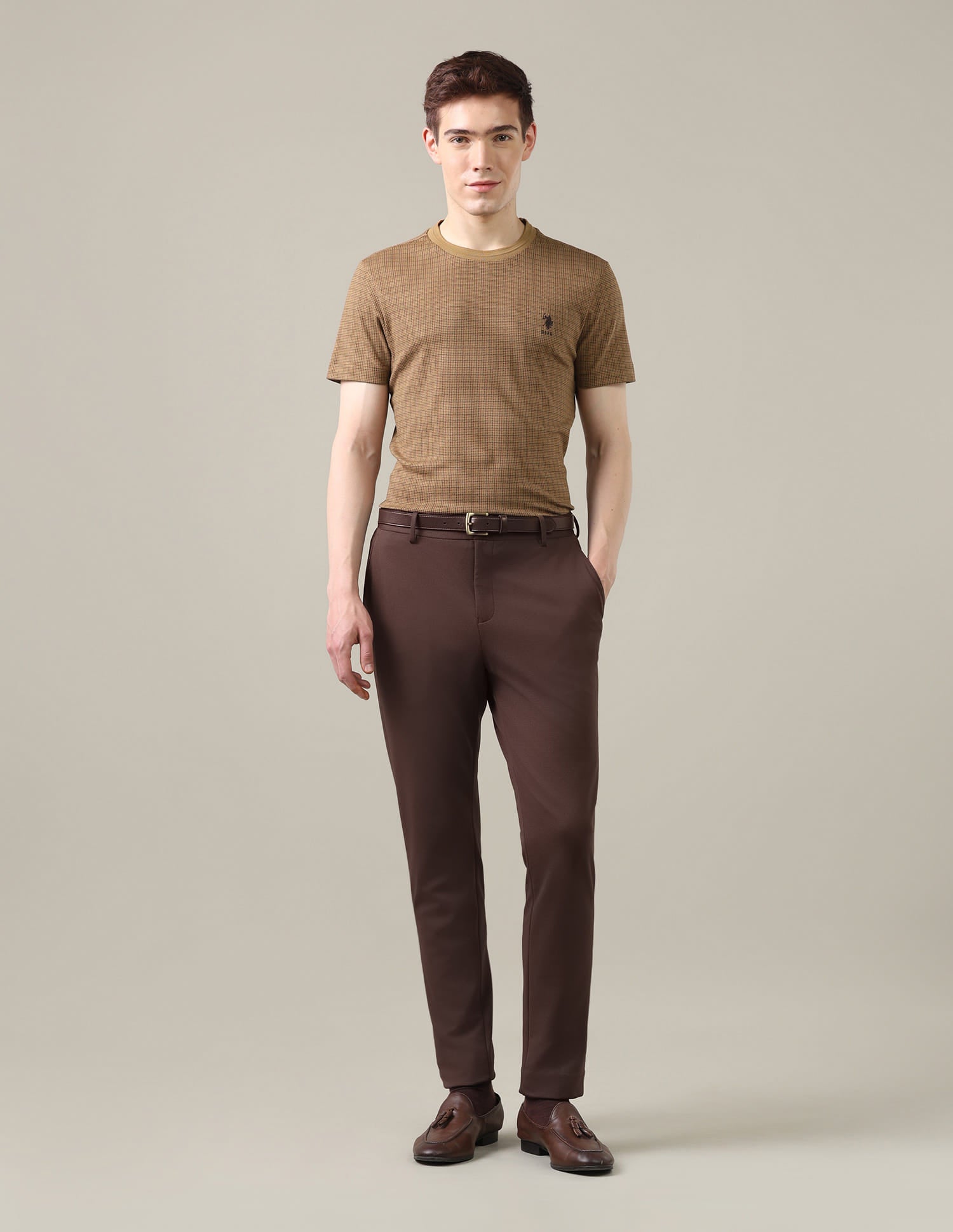 Houndstooth Printed Slim Fit T-Shirt Brown - U.S. Polo Assn. India | Large