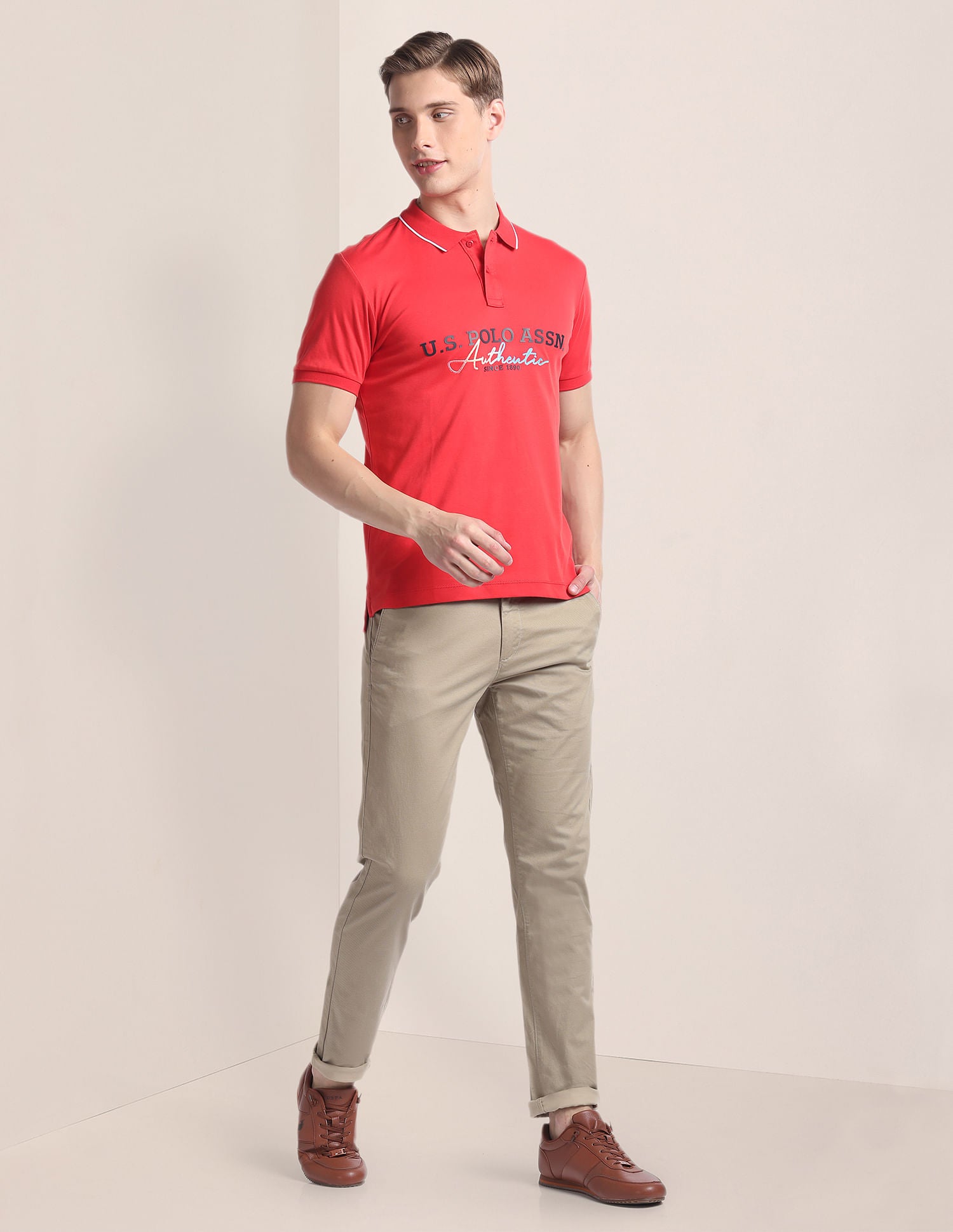 Brand Print Slim Polo Shirt Red - U.S. Polo Assn. India | Large