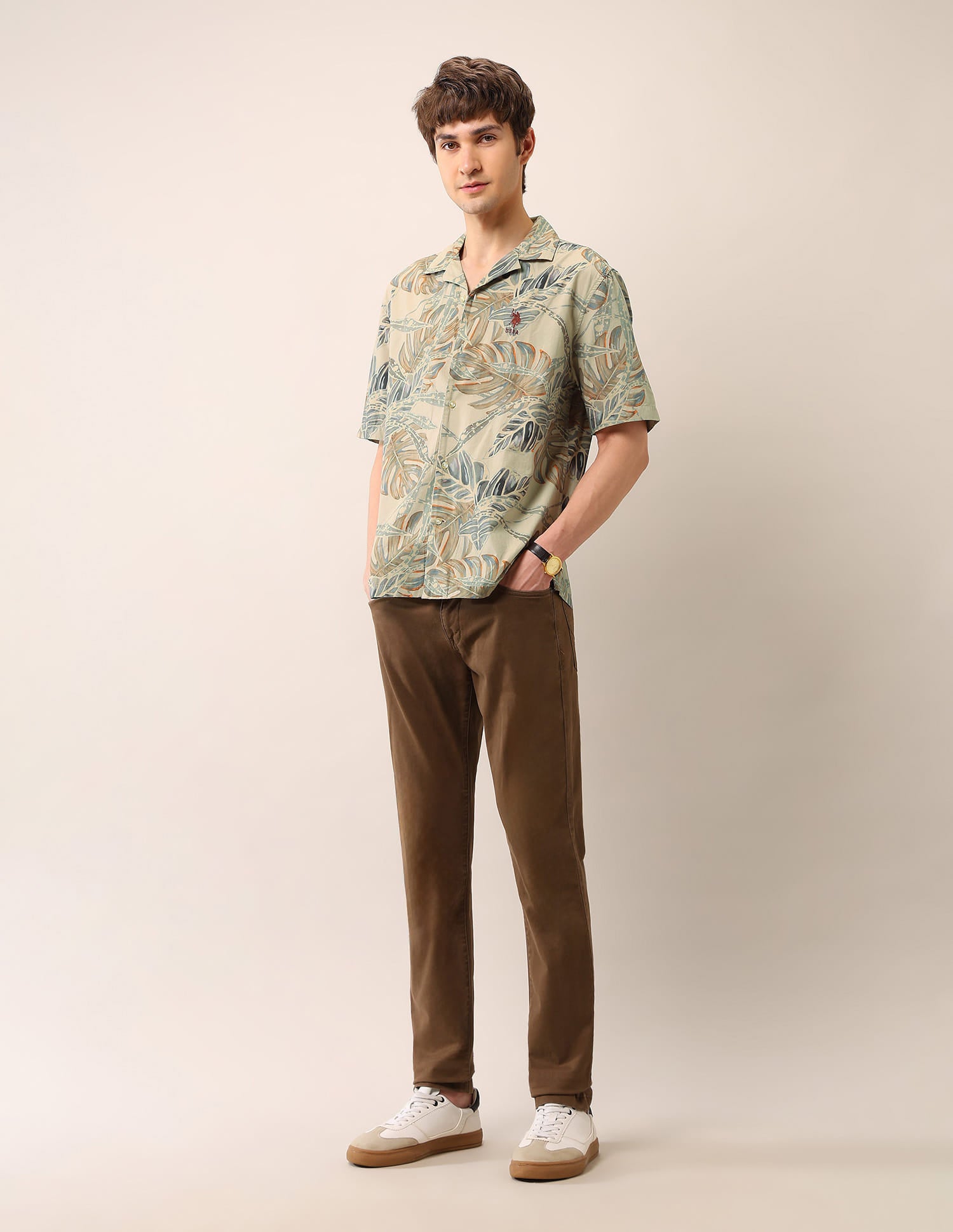 Tropical Printed Cuban Shirt Khaki - U.S. Polo Assn. India | Large