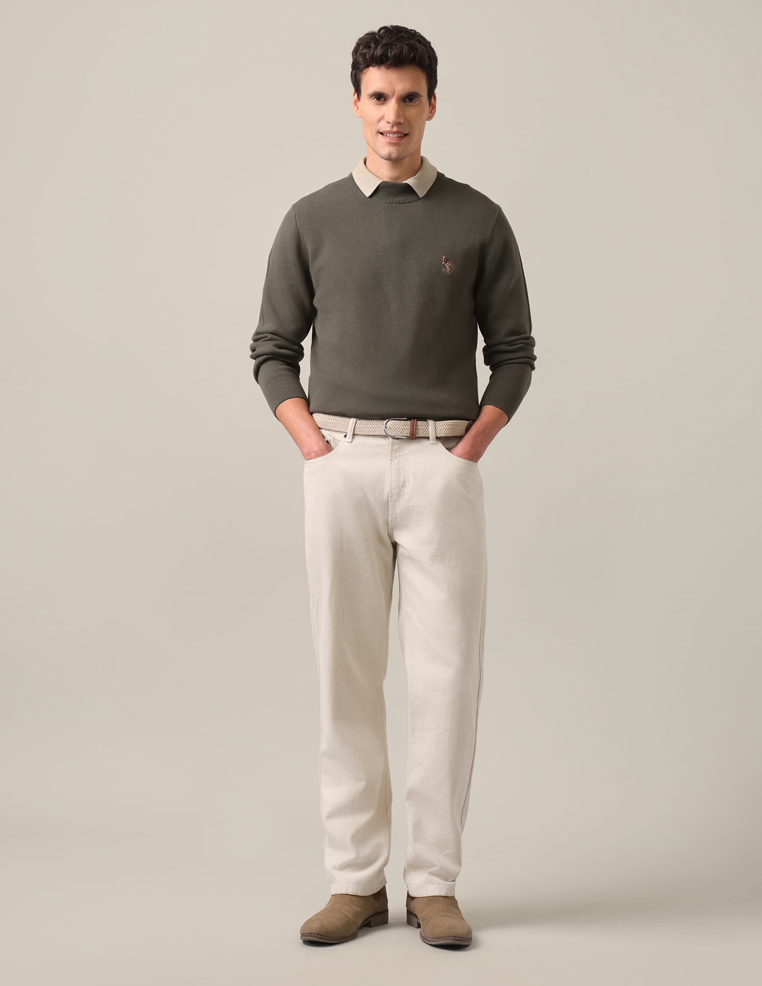 Regular Fit Solid Sweater Olive - U.S. Polo Assn. India | Large