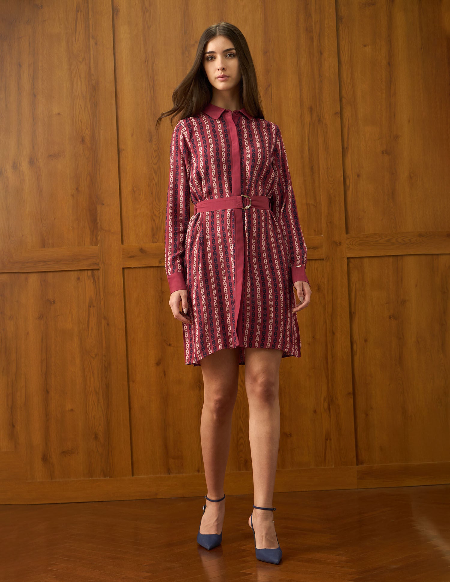 Abstract Printed Mini Shirt Dress With Belt Red - U.S. POLO ASSN. | Large