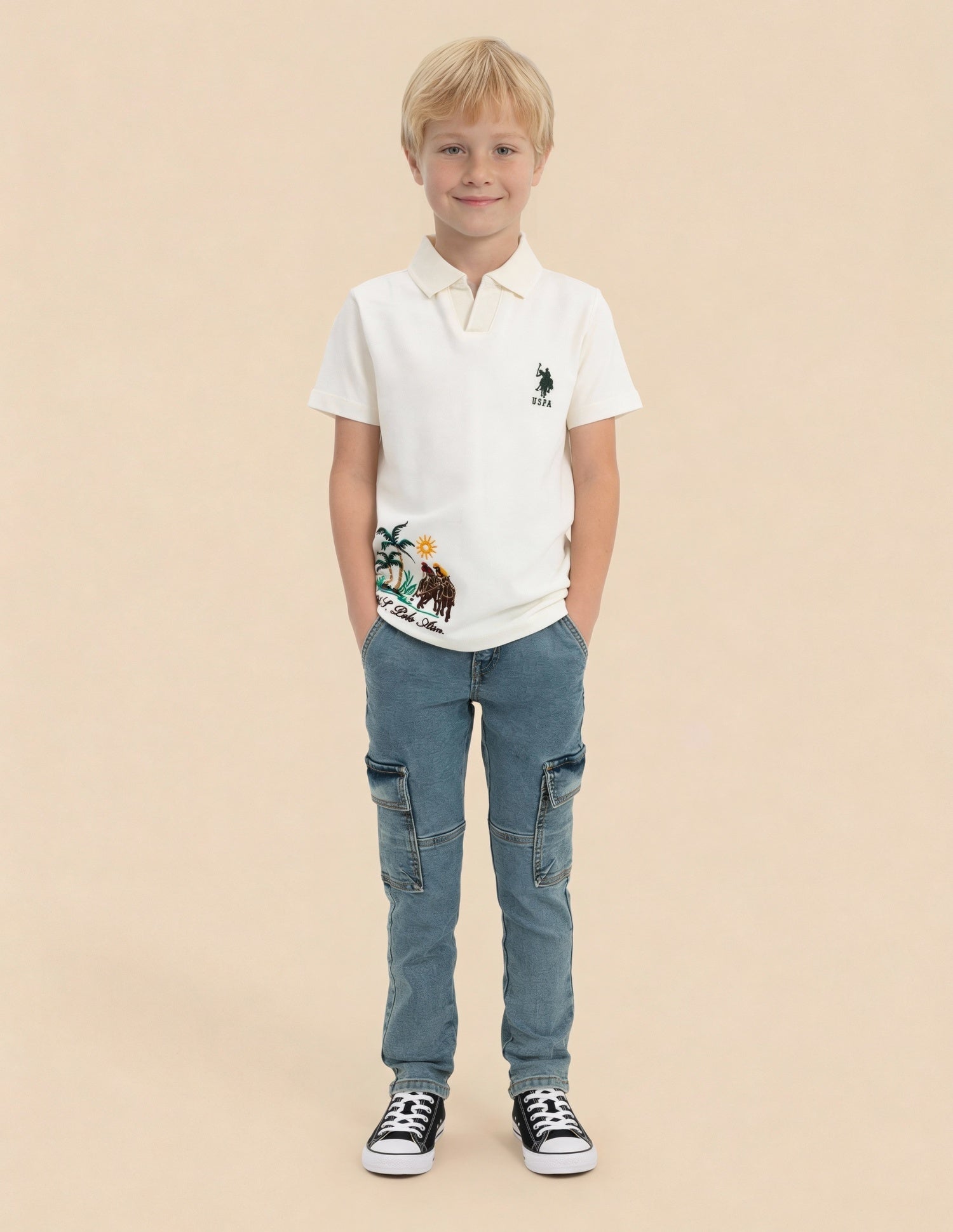 Boys Brand Embroidered Polo Shirt Off White - U.S. Polo Assn. India | Large