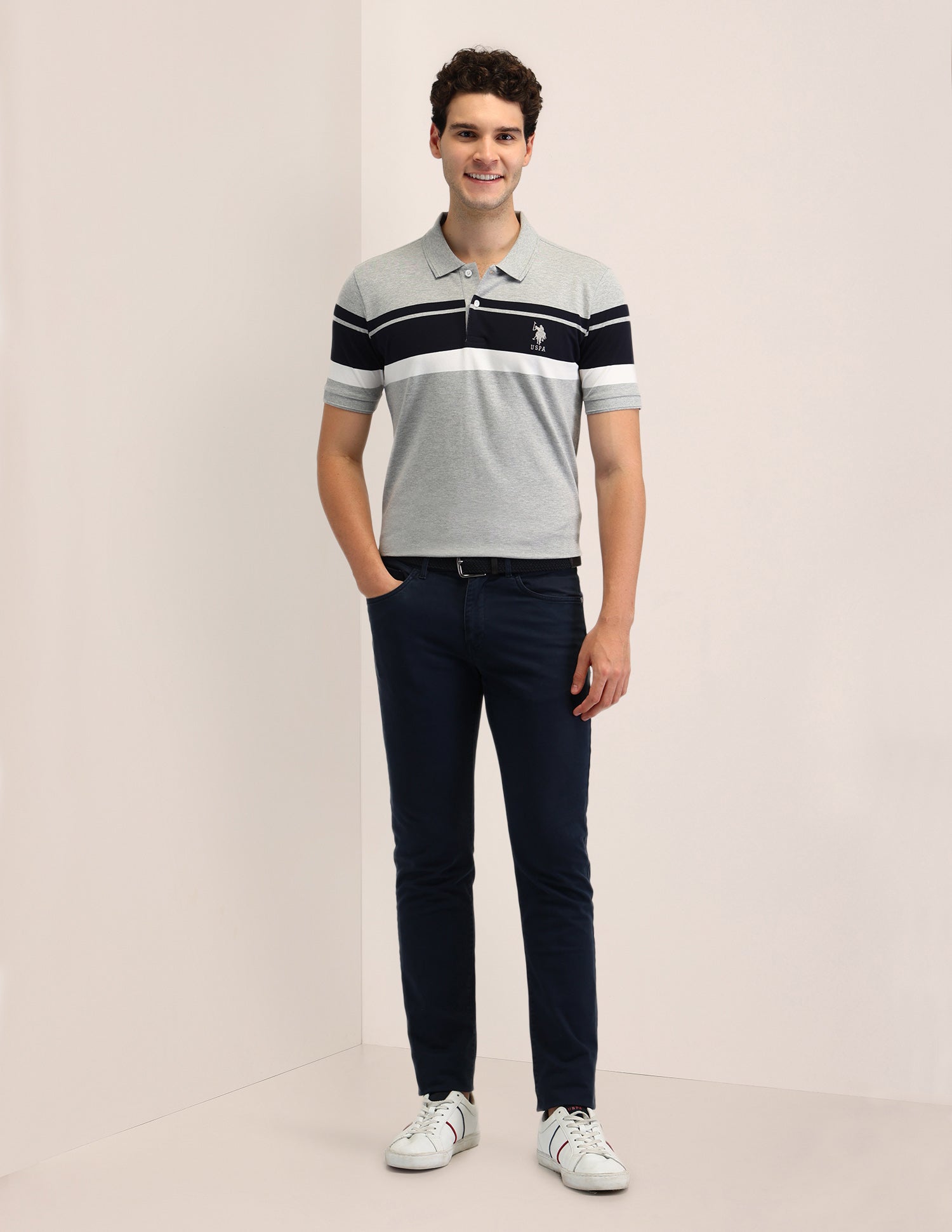 Horizontal Striped Slim Fit Polo Shirt Light Grey - U.S. Polo Assn. India | Large