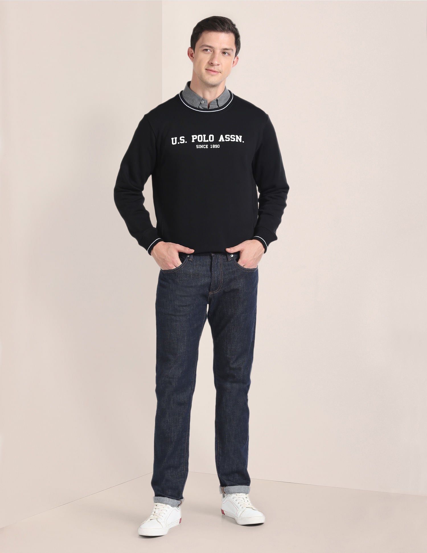 Crew Neck Typographic Print Sweatshirt Black - U.S. POLO ASSN. | Large