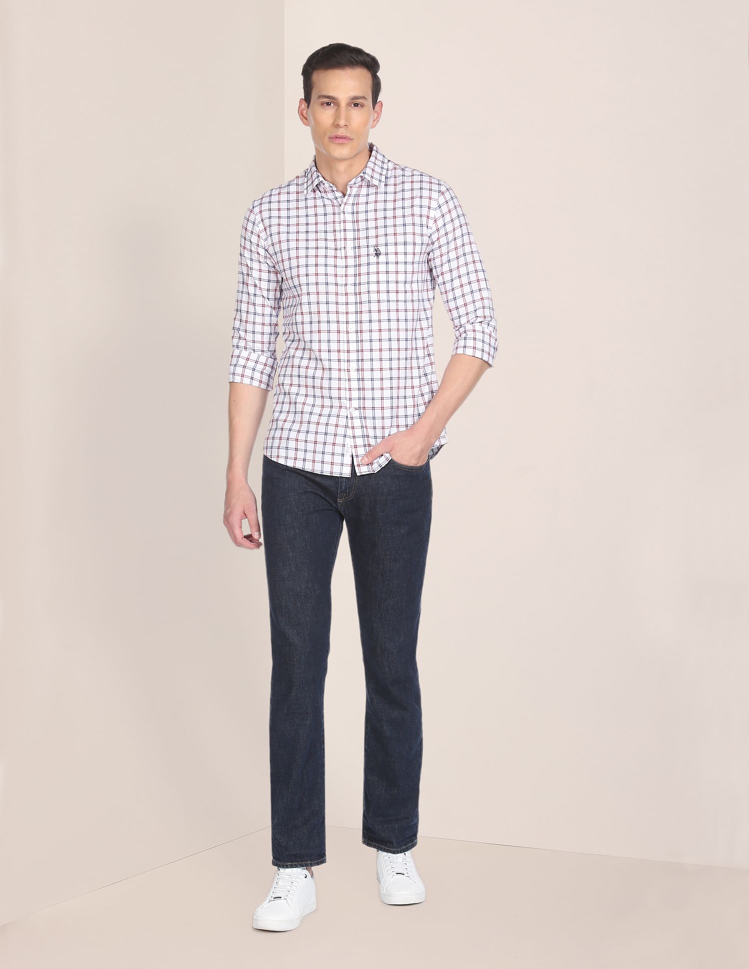 Men White Regular Fit Check Casual Shirt White - U.S. POLO ASSN. | Large