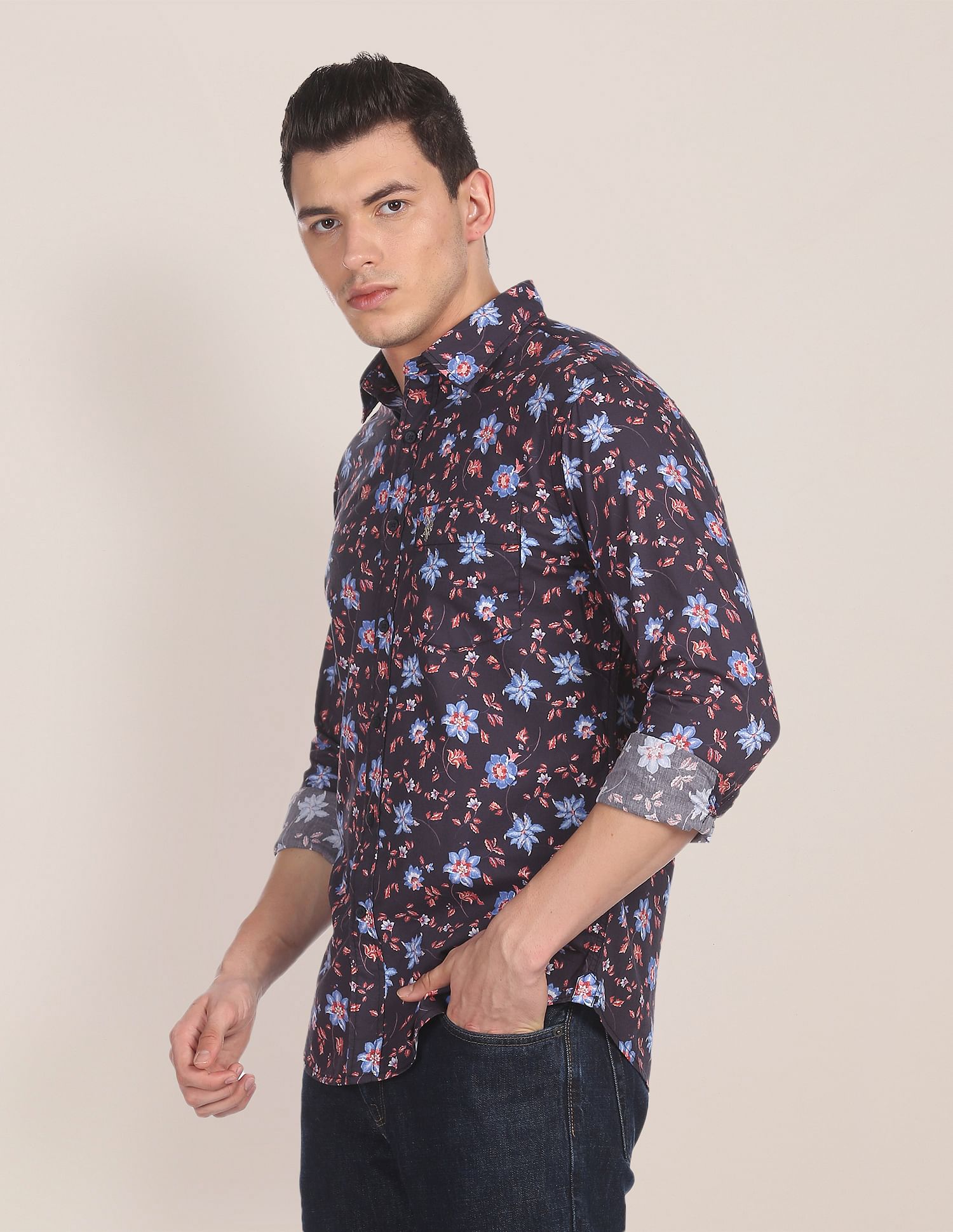 Spread Collar Floral Print Casual Shirt Navy - U.S. Polo Assn. India | Large