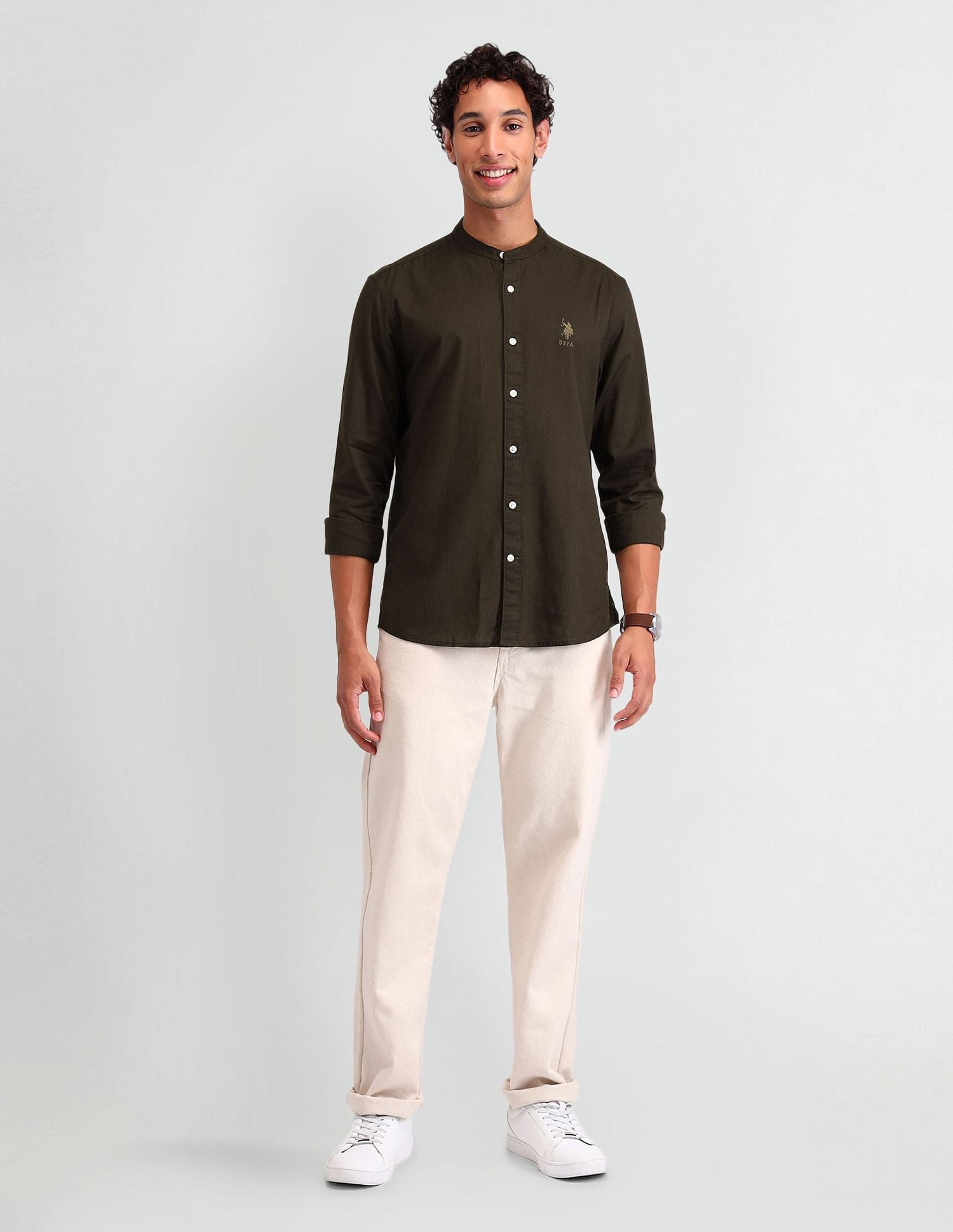Manhattan Slim Fit Solid Shirt Olive - U.S. Polo Assn. India | Large