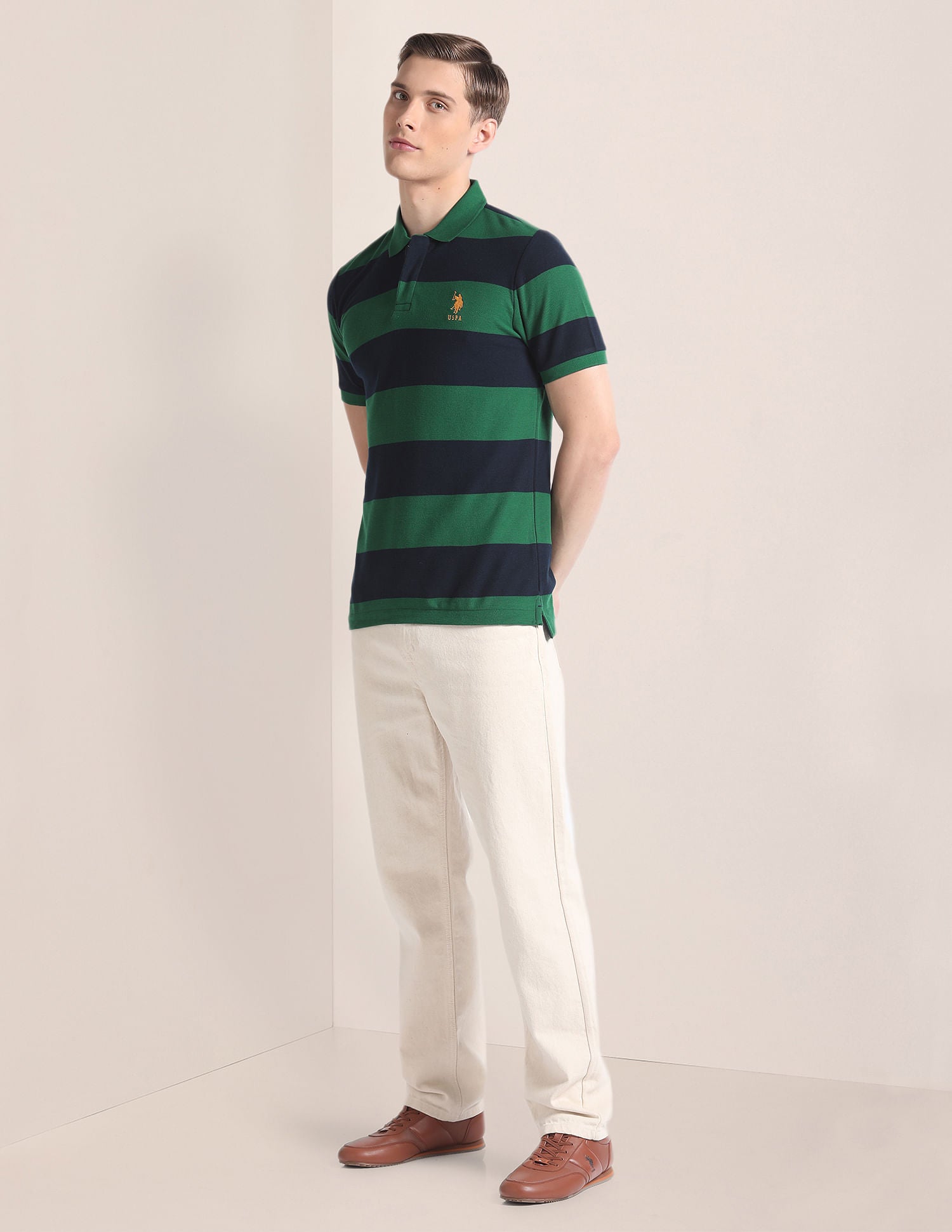 Horizontal Stripe Slim Polo Shirt Dark Green - U.S. Polo Assn. India | Large