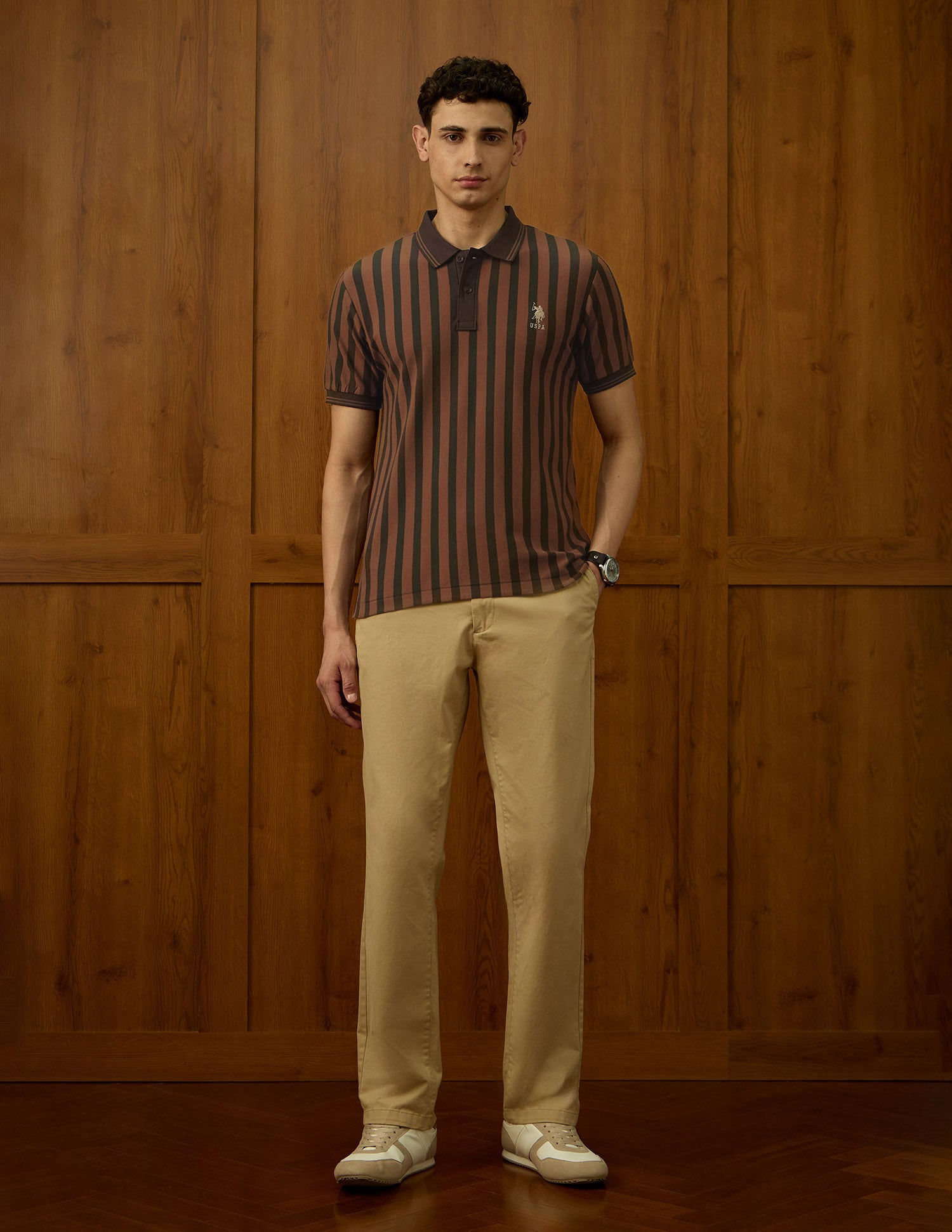 Vertical Striped Varsity Polo Shirt Dark Brown - U.S. POLO ASSN. | Large
