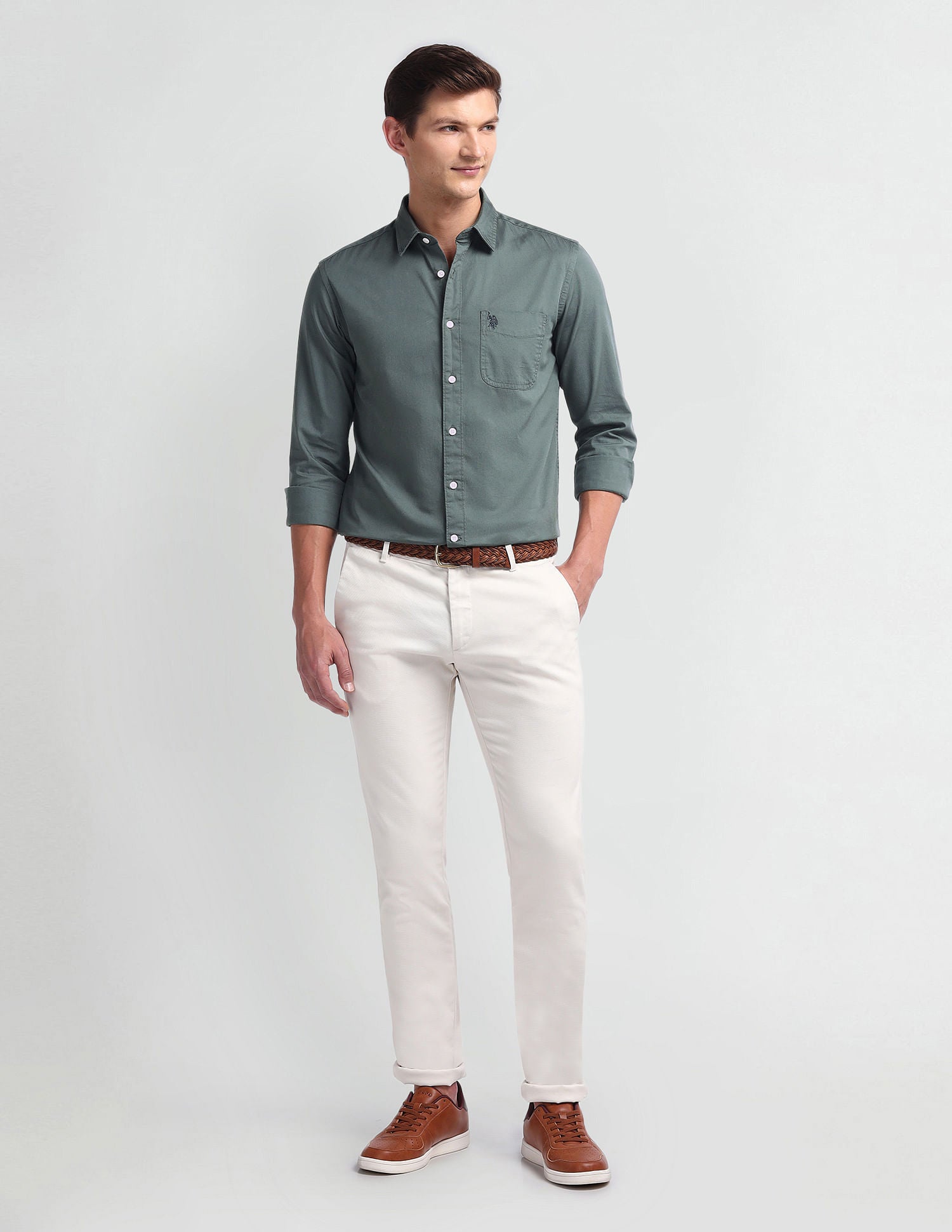 Semi Cutaway Collar Slim Fit Shirt Grey - U.S. Polo Assn. India | Large