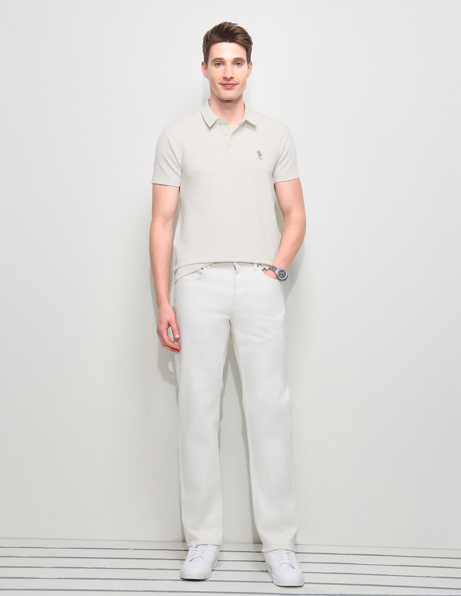 Textured Slim Fit Polo Shirt Off White - U.S. Polo Assn. India | Large