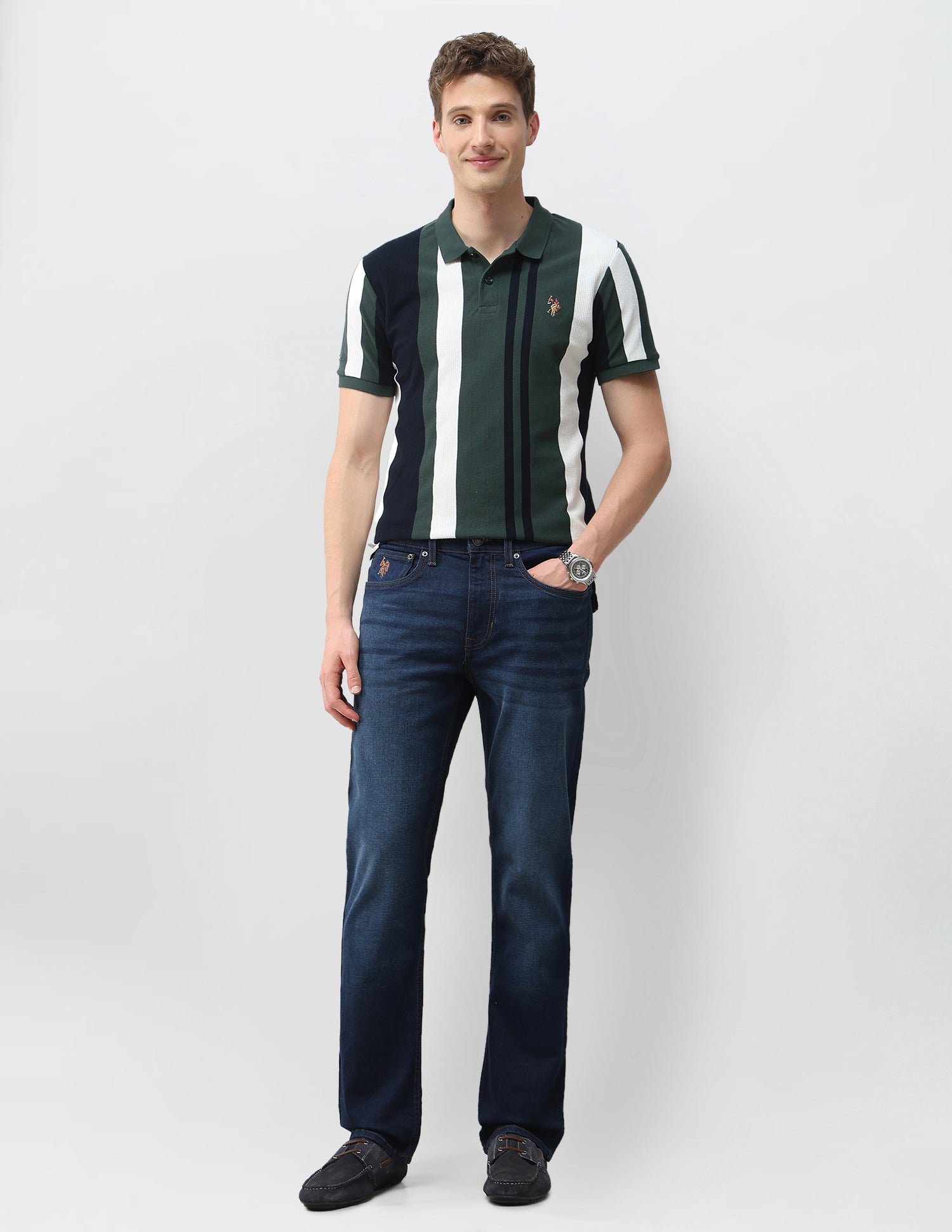 Vertical Striped Muscle Fit Polo Shirt Dark Green - U.S. Polo Assn. India | Large