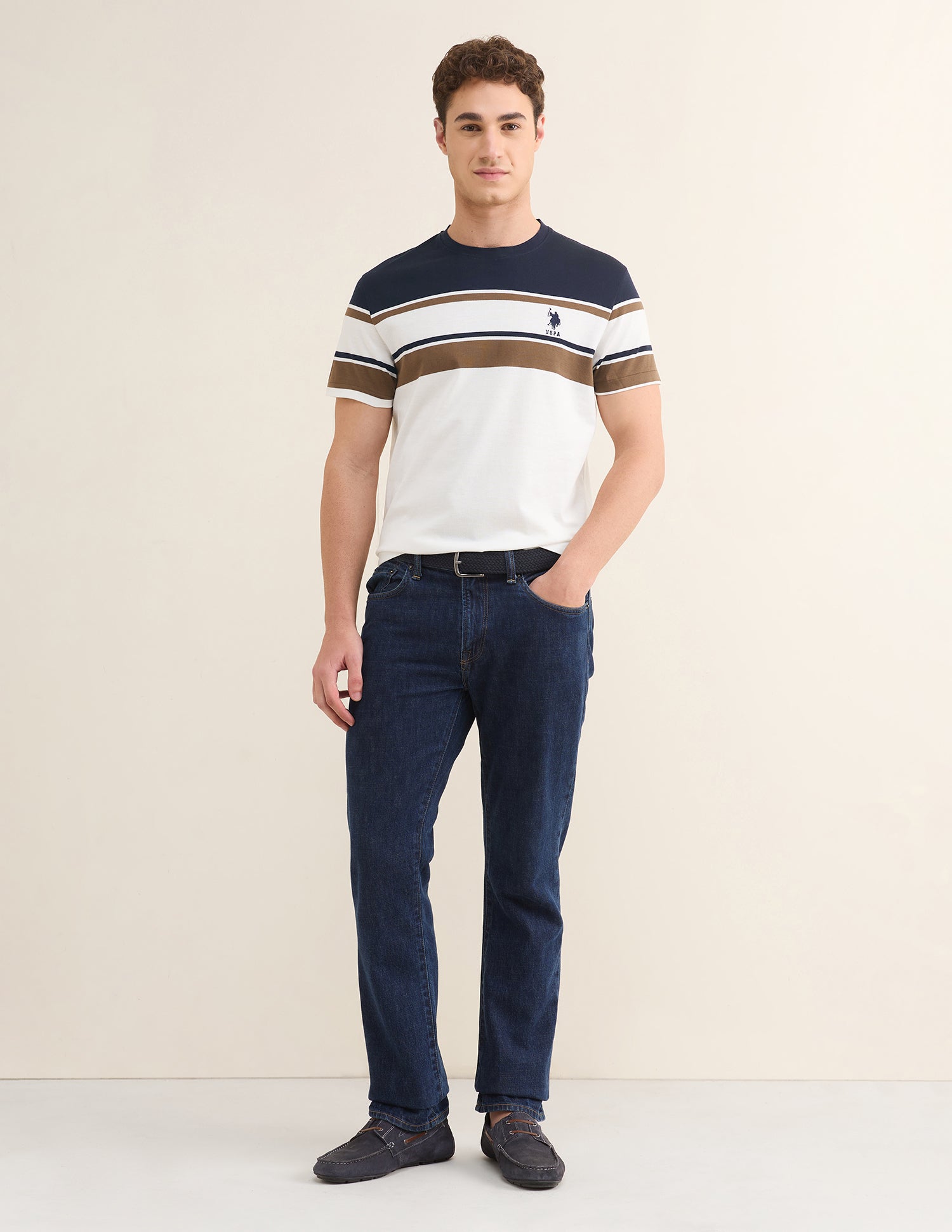 Horizontal Striped Slim Fit T-Shirt Off White - U.S. Polo Assn. India | Large