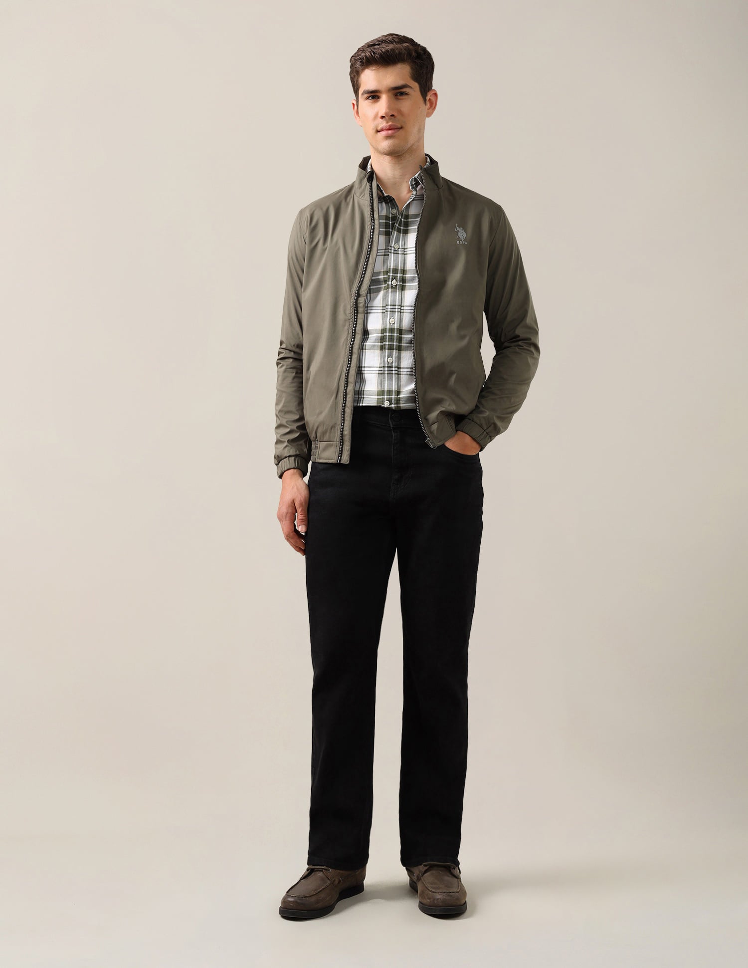 High Neck Solid Polyester Jacket Olive - U.S. Polo Assn. India | Large