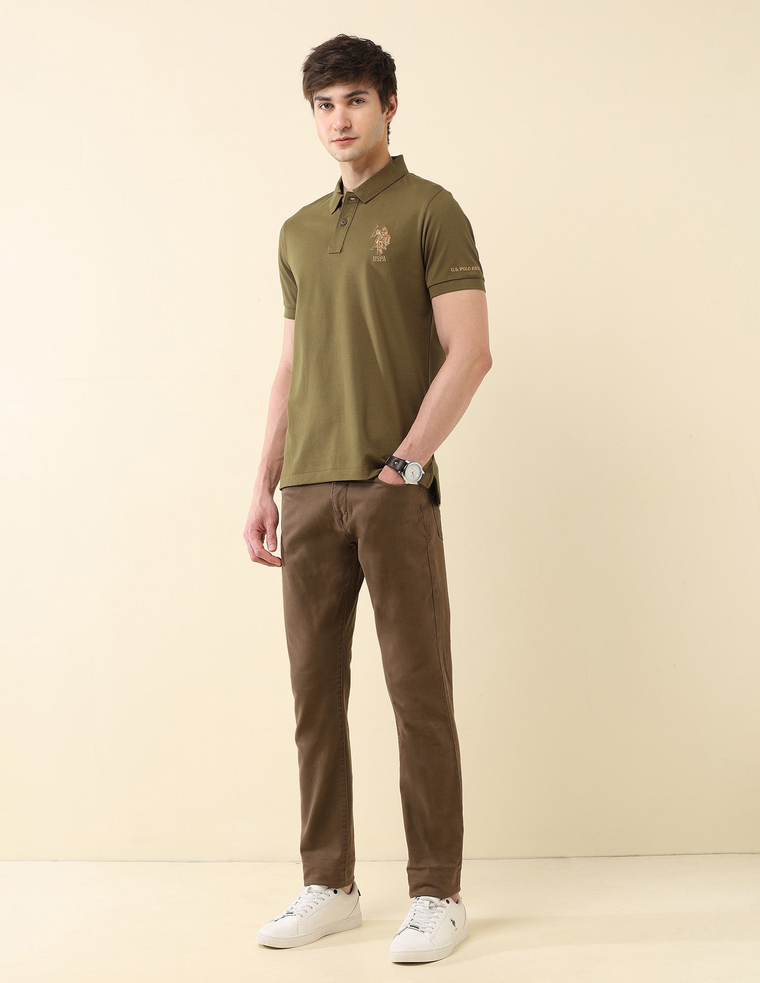 Solid Pure Cotton Gold Cup Polo Shirt Olive - U.S. Polo Assn. India | Large
