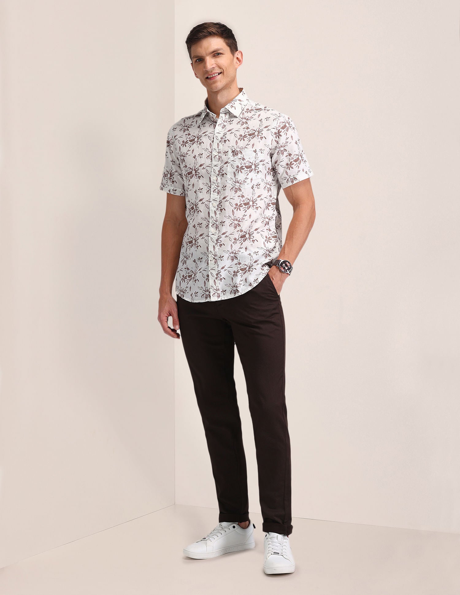 Tailored Fit Printed Shirt Beige - U.S. Polo Assn. India | Large