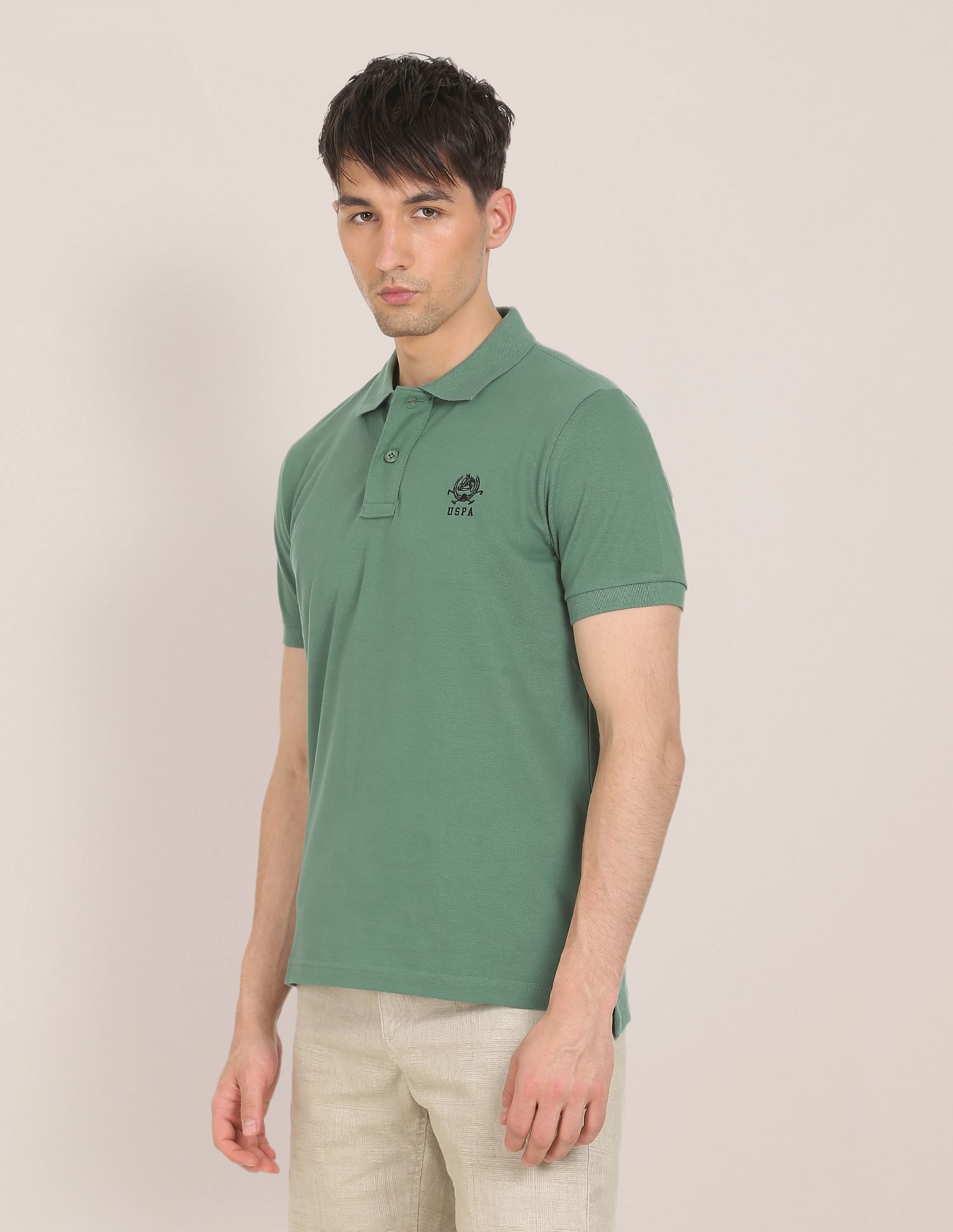 Men Green Cotton Solid Polo Sirt Green - U.S. Polo Assn. India | Large