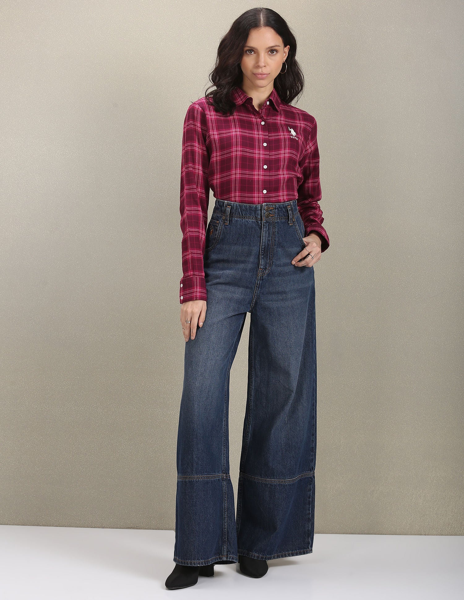 Spread Collar Tartan Check Shirt Magenta - U.S. POLO ASSN. | Large