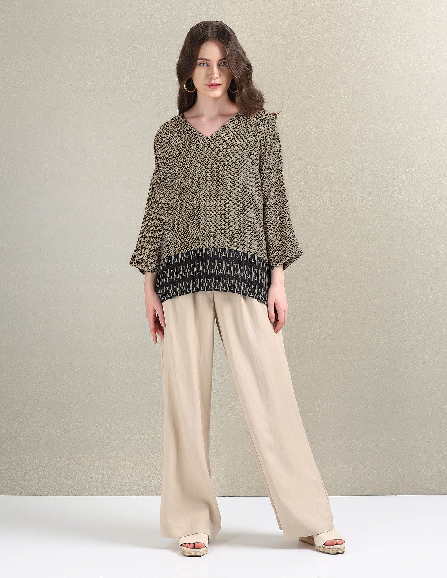 Geometric Print Viscose Kaftan Top Beige and Black - U.S. POLO ASSN. | Large