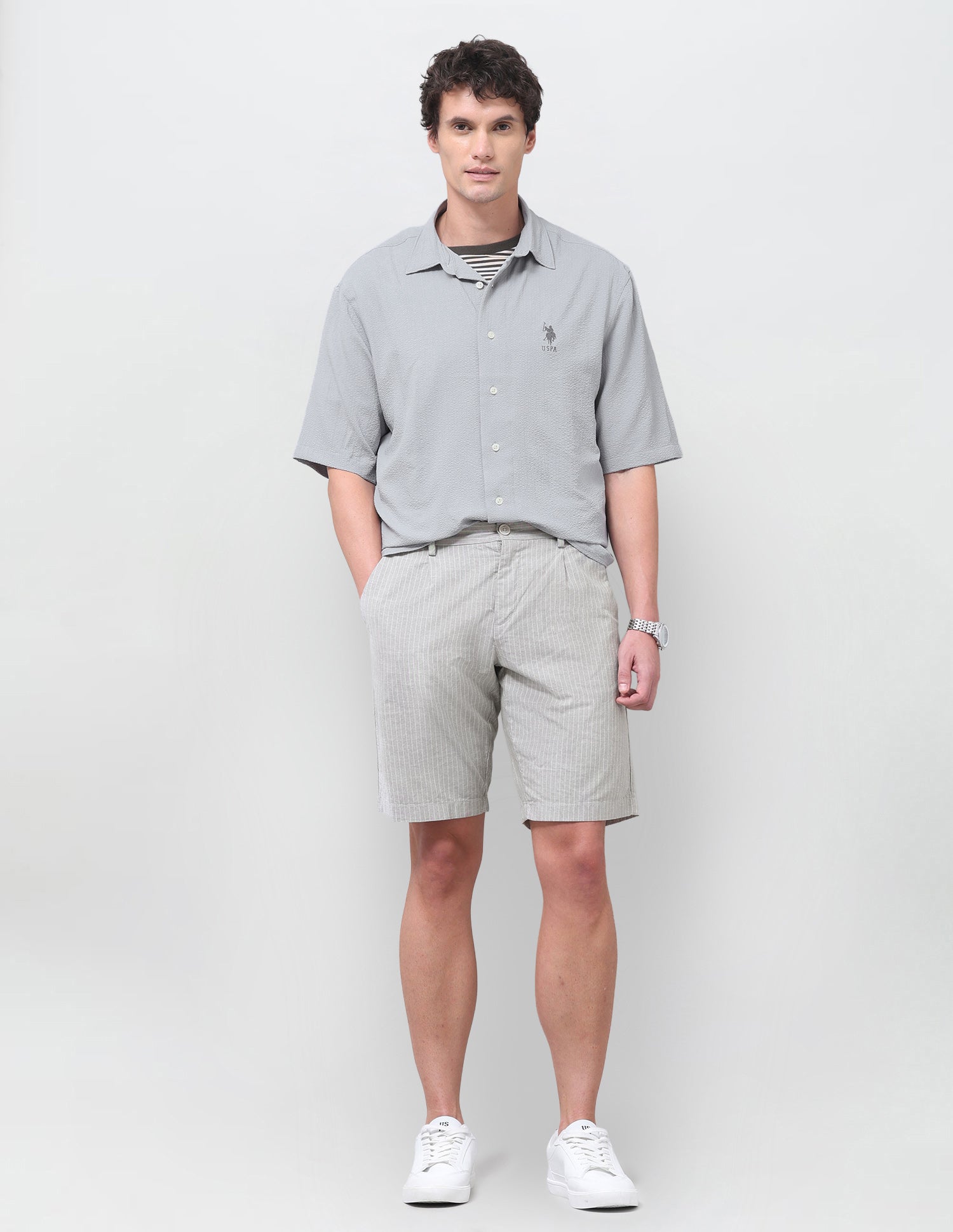 Solid Seersucker Shirt Light Grey - U.S. Polo Assn. India | Large