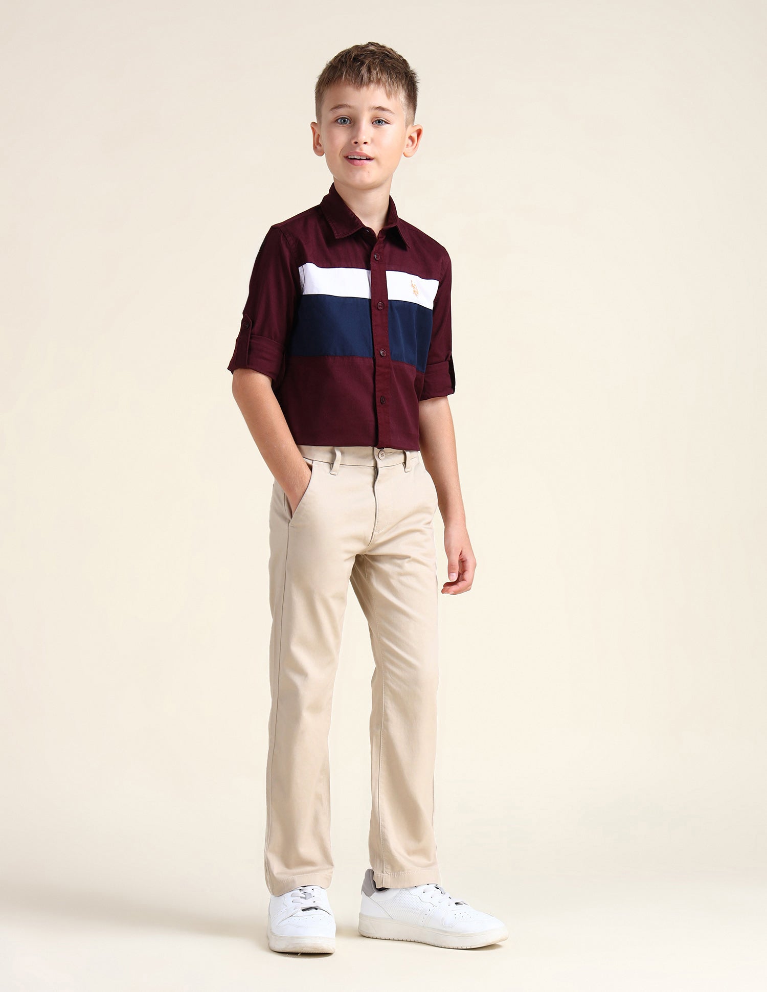 Boys Solid Mid Rise Trousers Beige - U.S. Polo Assn. India | Large
