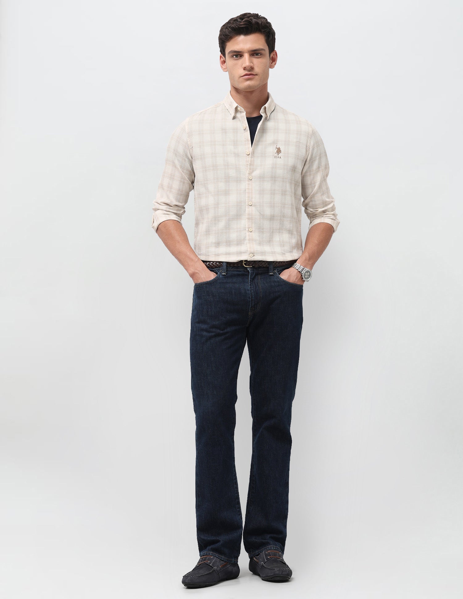 Textured With Tartan Checked Regular Fit Shirt Beige - U.S. Polo Assn. India | Large