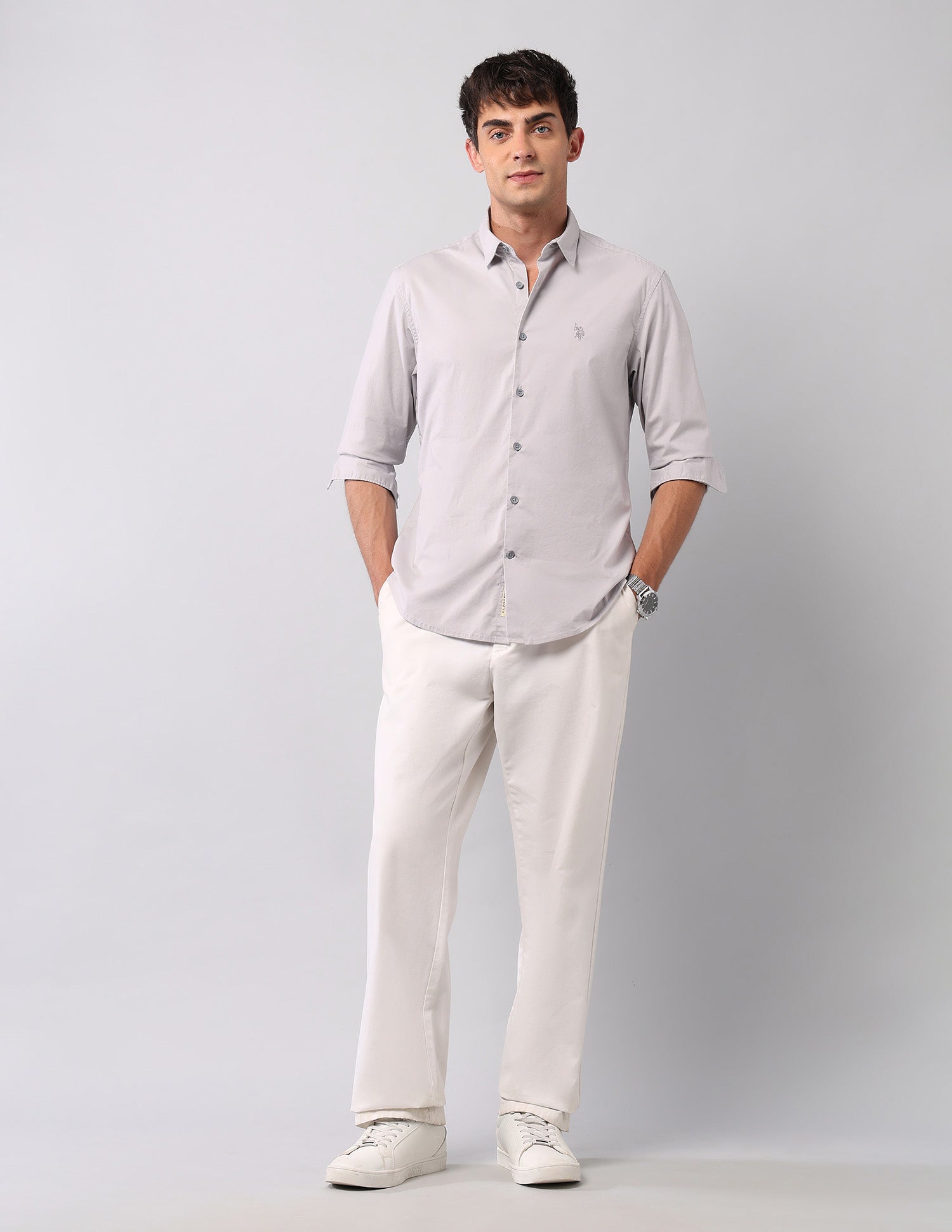 Solid Regular Fit Poplin Shirt Light Grey - U.S. Polo Assn. India | Large