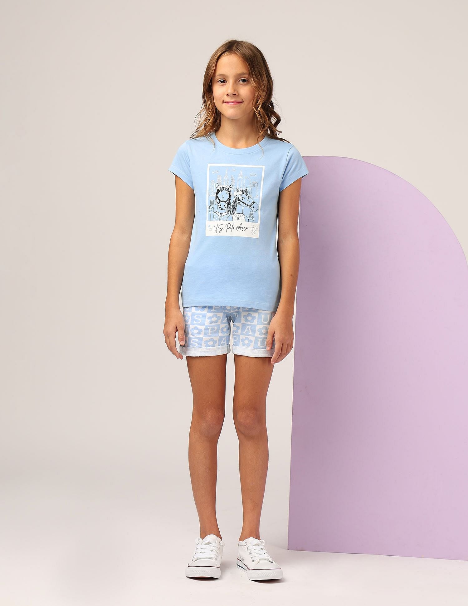Girls Graphic Printed Regular Fit T-Shirt Light Blue - U.S. POLO ASSN. | Large