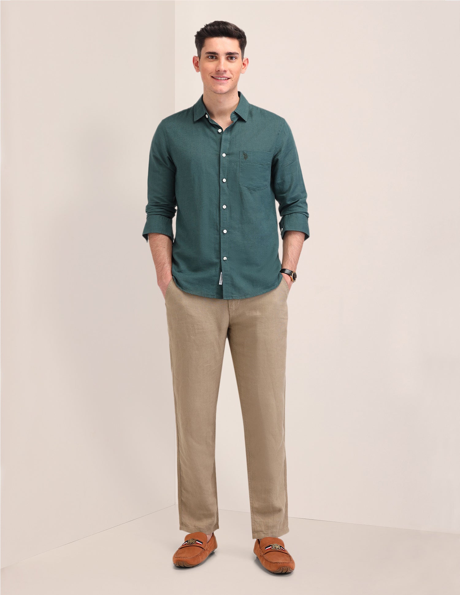 Tailored Fit Twill Shirt Green - U.S. Polo Assn. India | Large