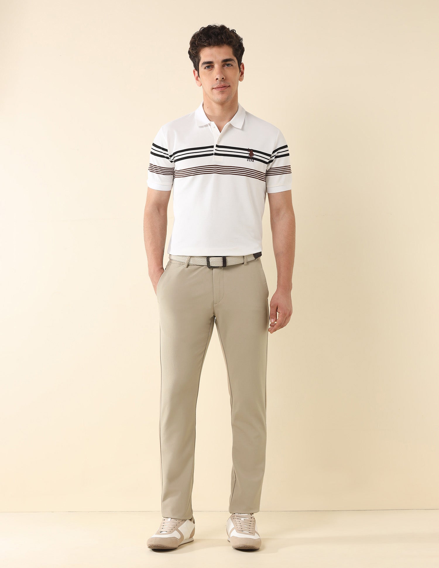 Austin Slim Fit Solid Trousers Beige - U.S. Polo Assn. India | Large