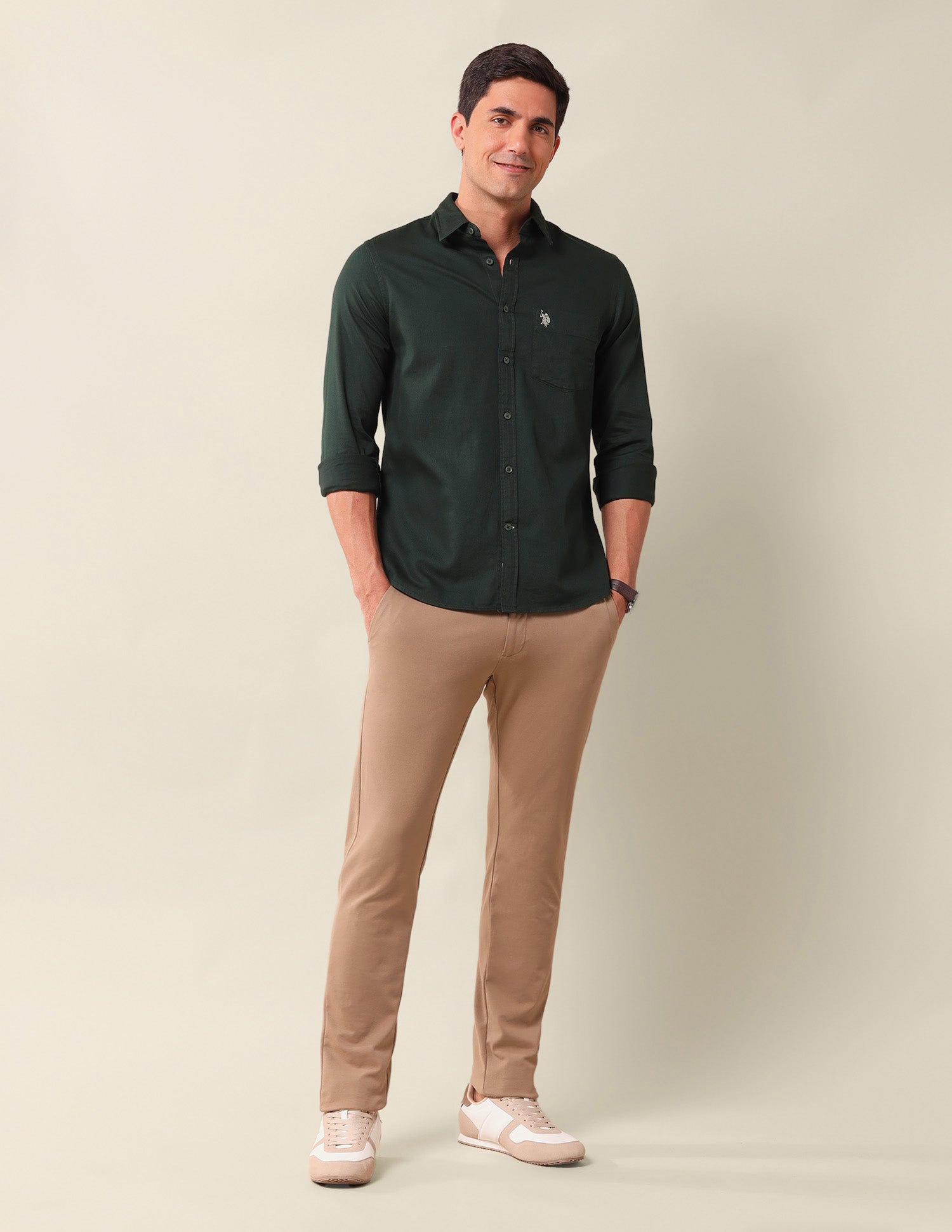 Solid Pure CottonShirt Dark Green - U.S. Polo Assn. India | Large