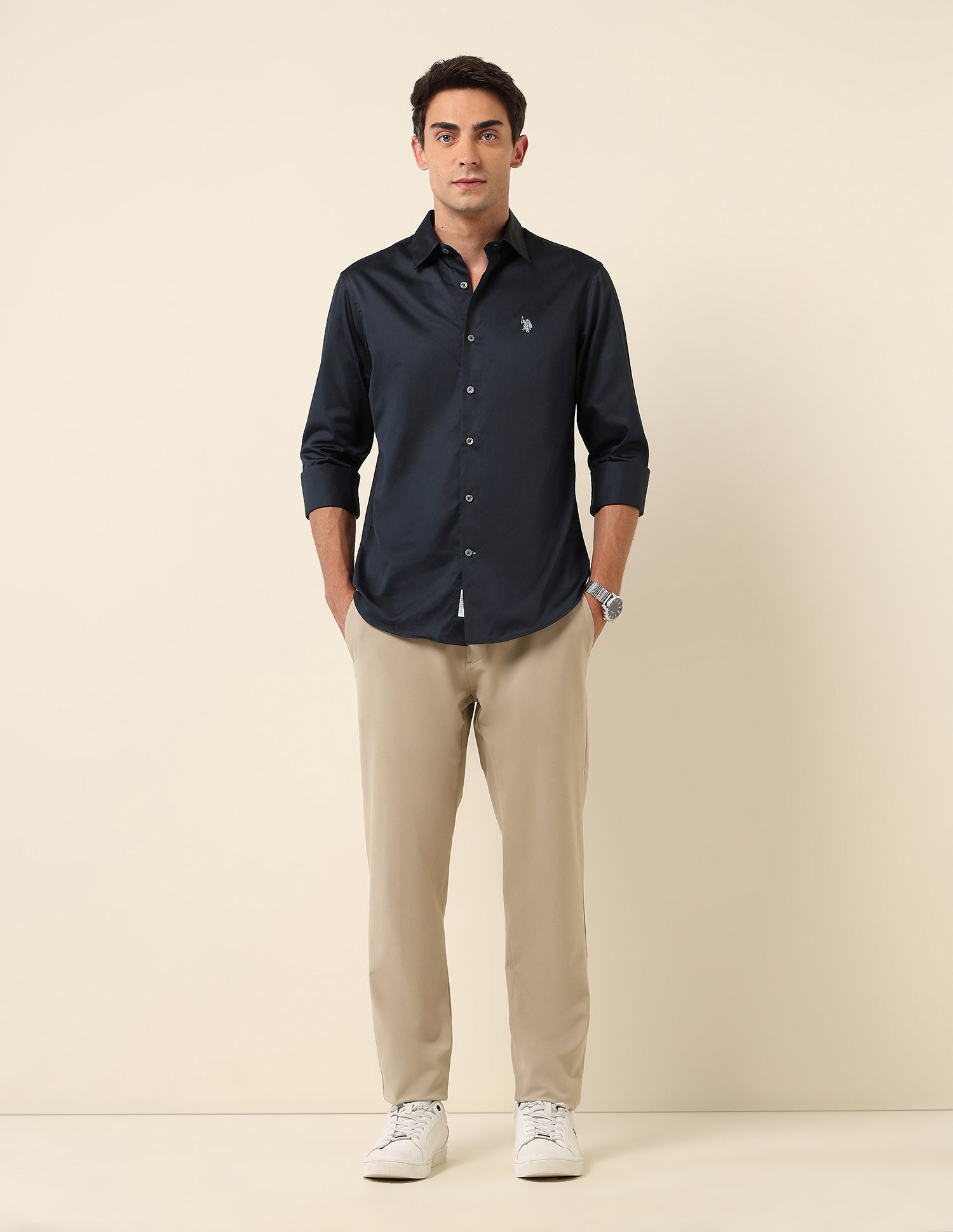Tailored Fit Satin Pure Cotton Shirt Navy - U.S. Polo Assn. India | Large